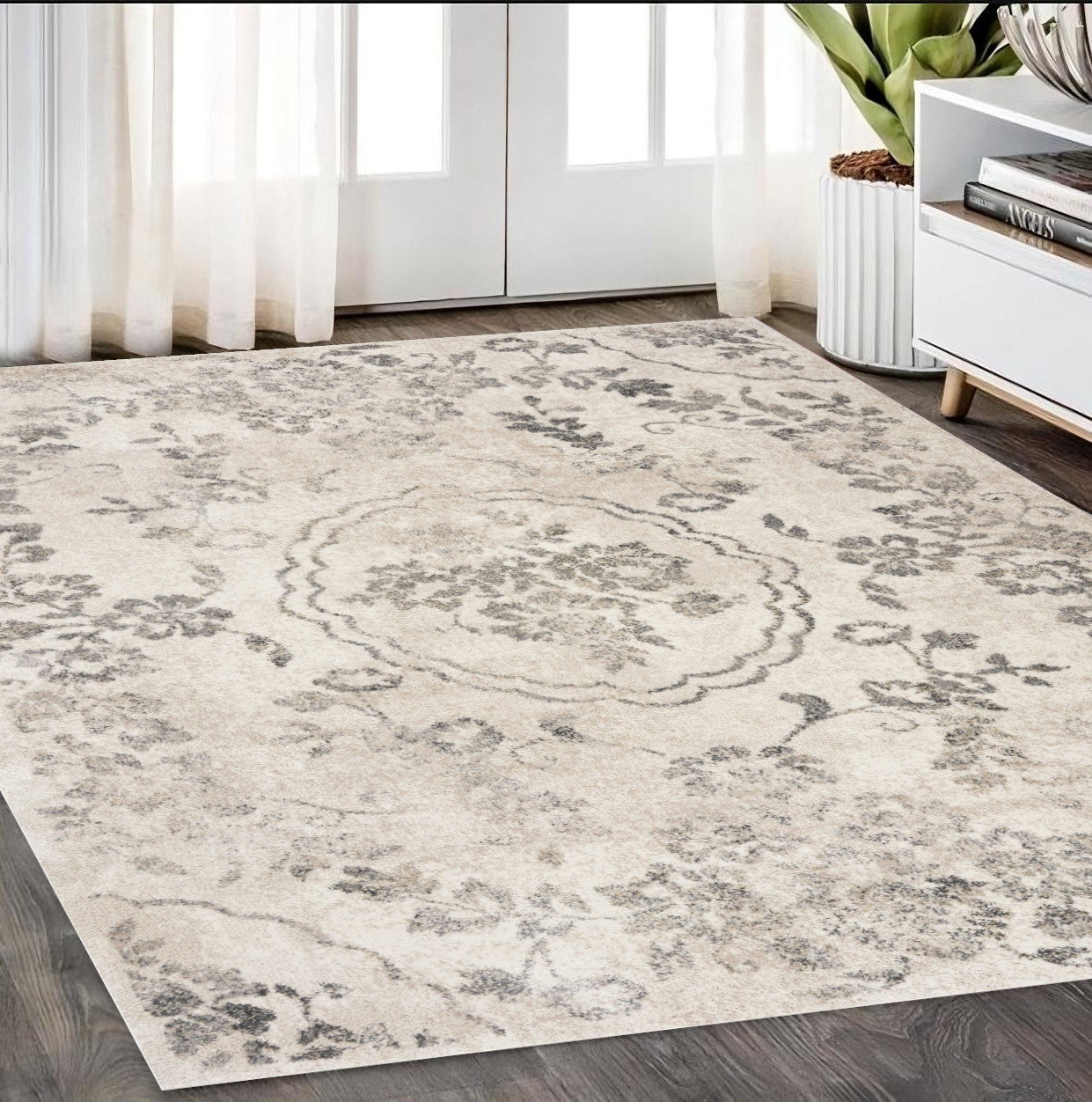 8' X 10' Gray And Tan Floral Distressed Area Rug-Area Rugs-DECOROLALA
