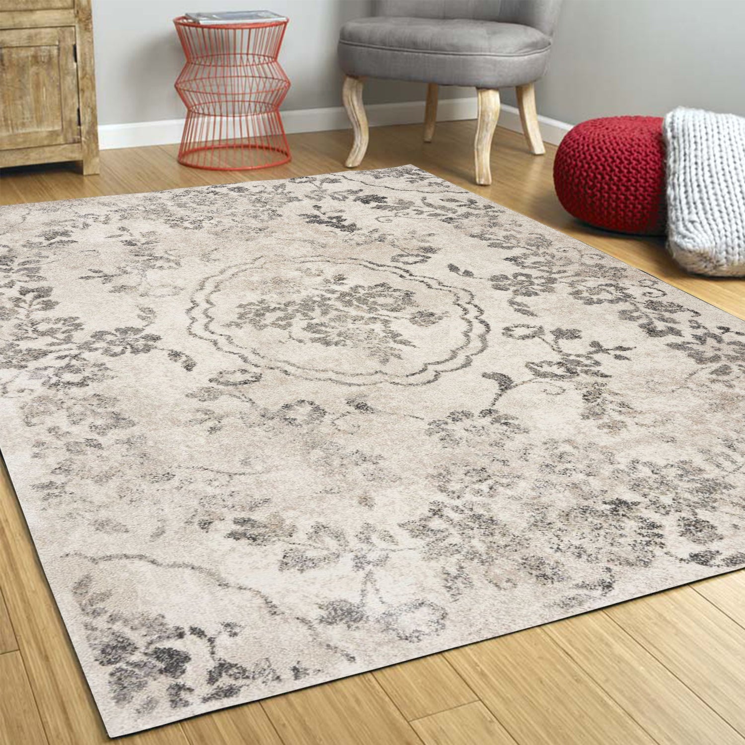 8' X 10' Gray And Tan Floral Distressed Area Rug-Area Rugs-DECOROLALA
