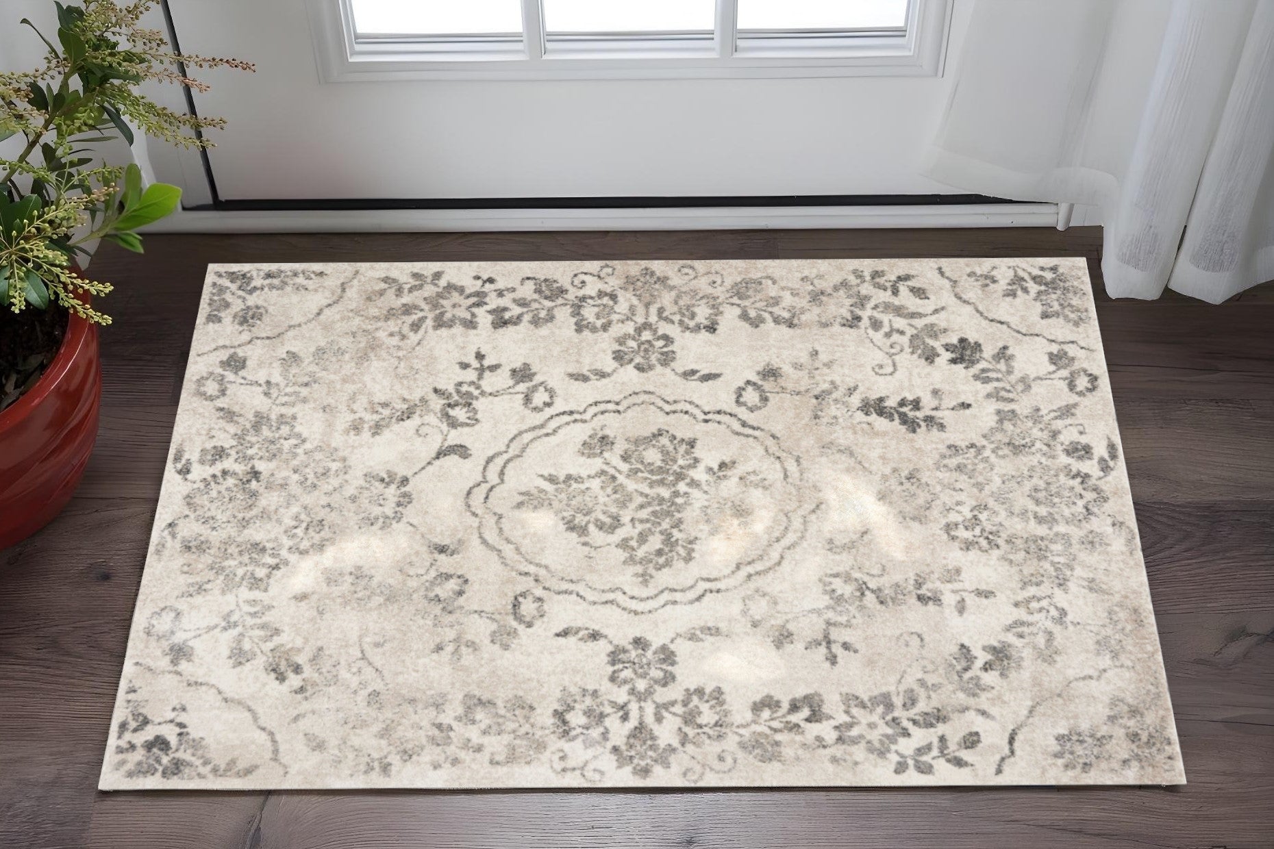 8' X 10' Gray And Tan Floral Distressed Area Rug-Area Rugs-DECOROLALA