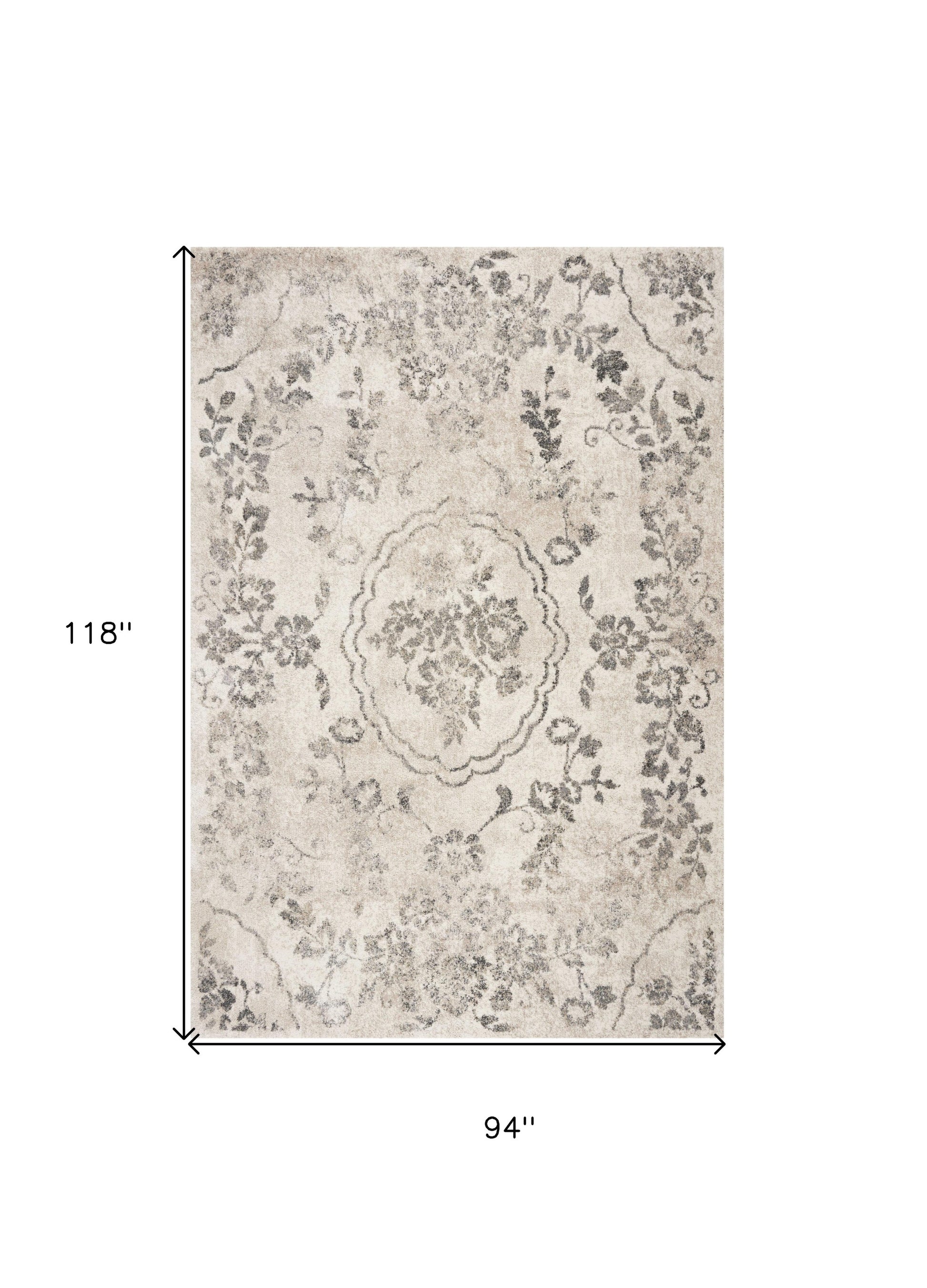 8' X 10' Gray And Tan Floral Distressed Area Rug-Area Rugs-DECOROLALA