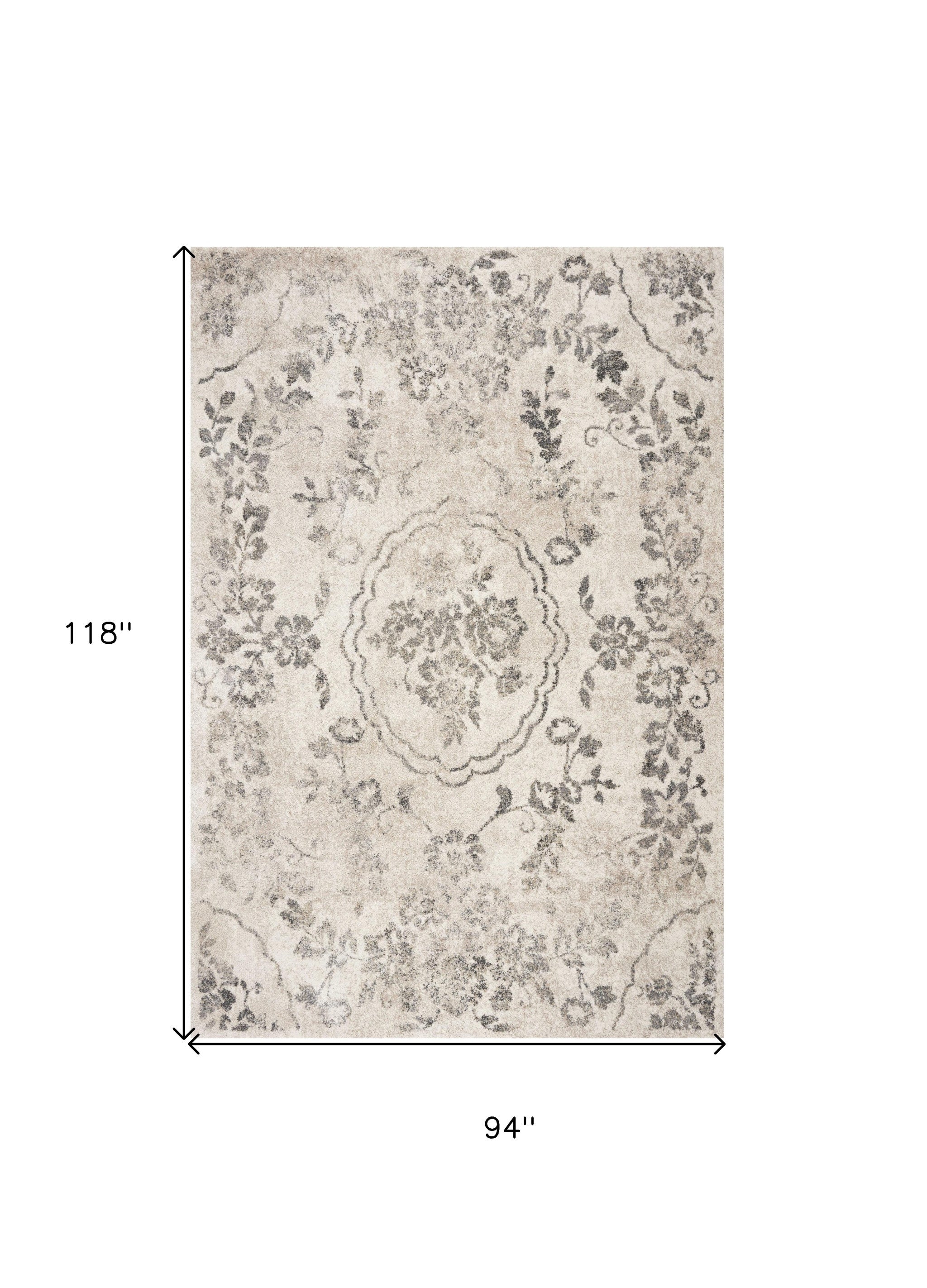8' X 10' Gray And Tan Floral Distressed Area Rug-Area Rugs-DECOROLALA
