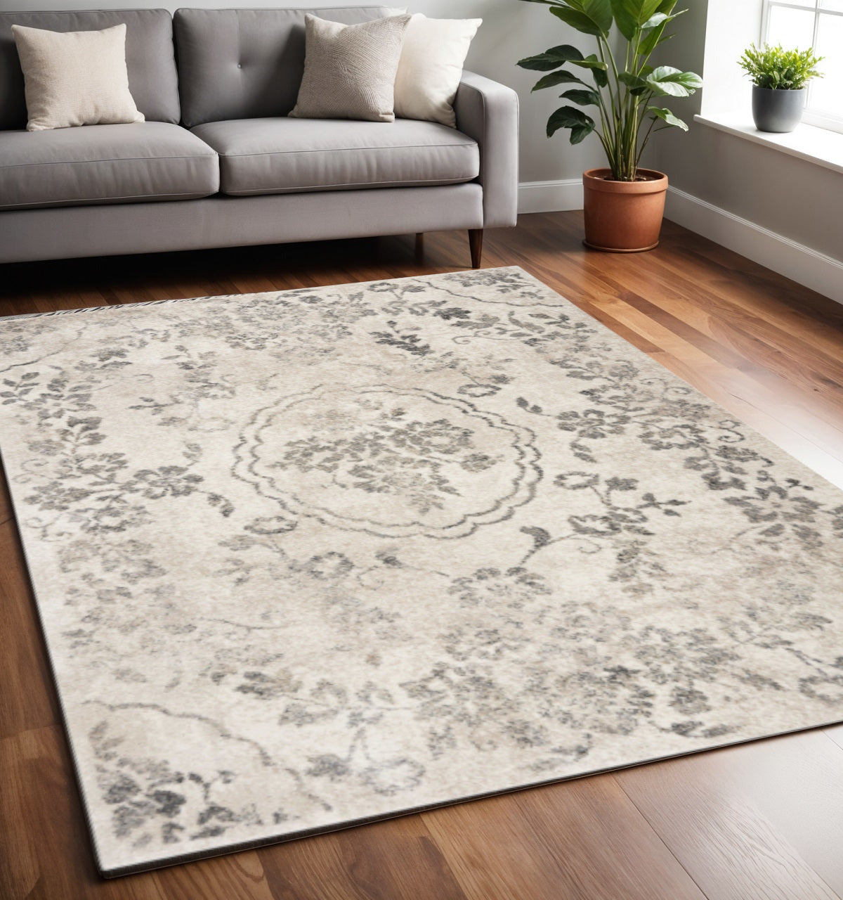 8' X 10' Gray And Tan Floral Distressed Area Rug-Area Rugs-DECOROLALA