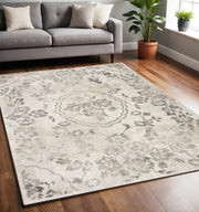 8' X 10' Gray And Tan Floral Distressed Area Rug-Area Rugs-DECOROLALA