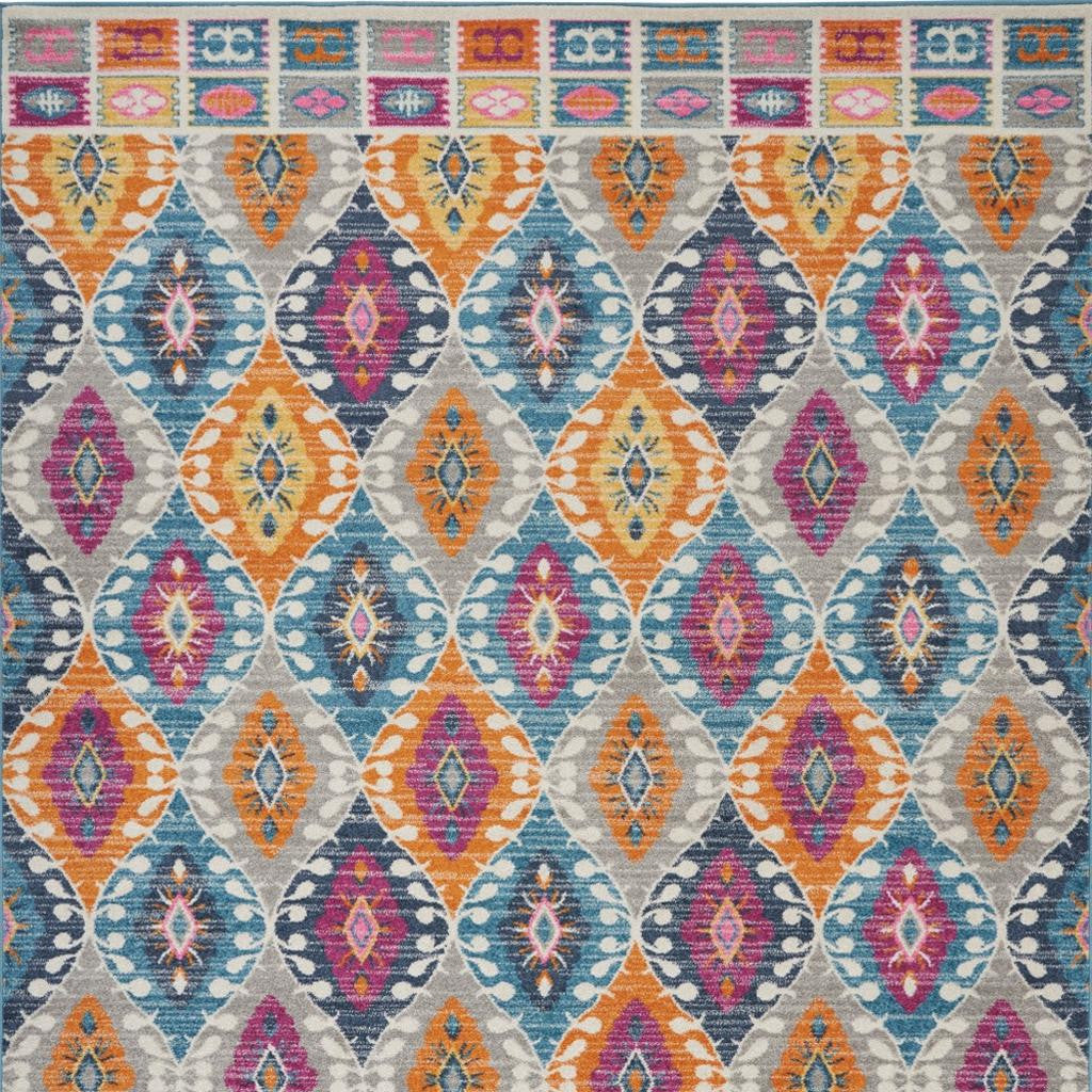 8' X 10' Gray Blue And Orange Ogee Distressed Area Rug-Area Rugs-DECOROLALA