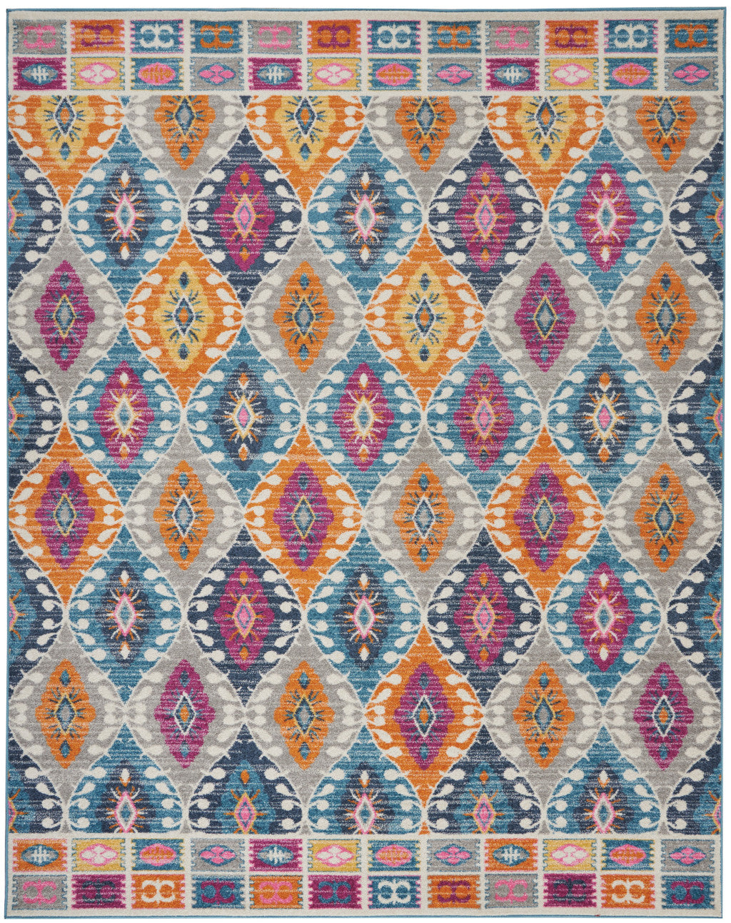 8' X 10' Gray Blue And Orange Ogee Distressed Area Rug-Area Rugs-DECOROLALA