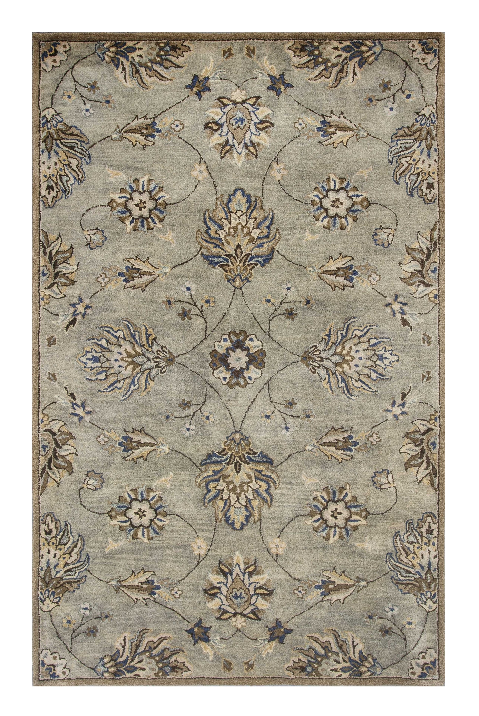 8' X 10' Gray Ivory And Brown Wool Floral Hand Tufted Area Rug-Area Rugs-DECOROLALA