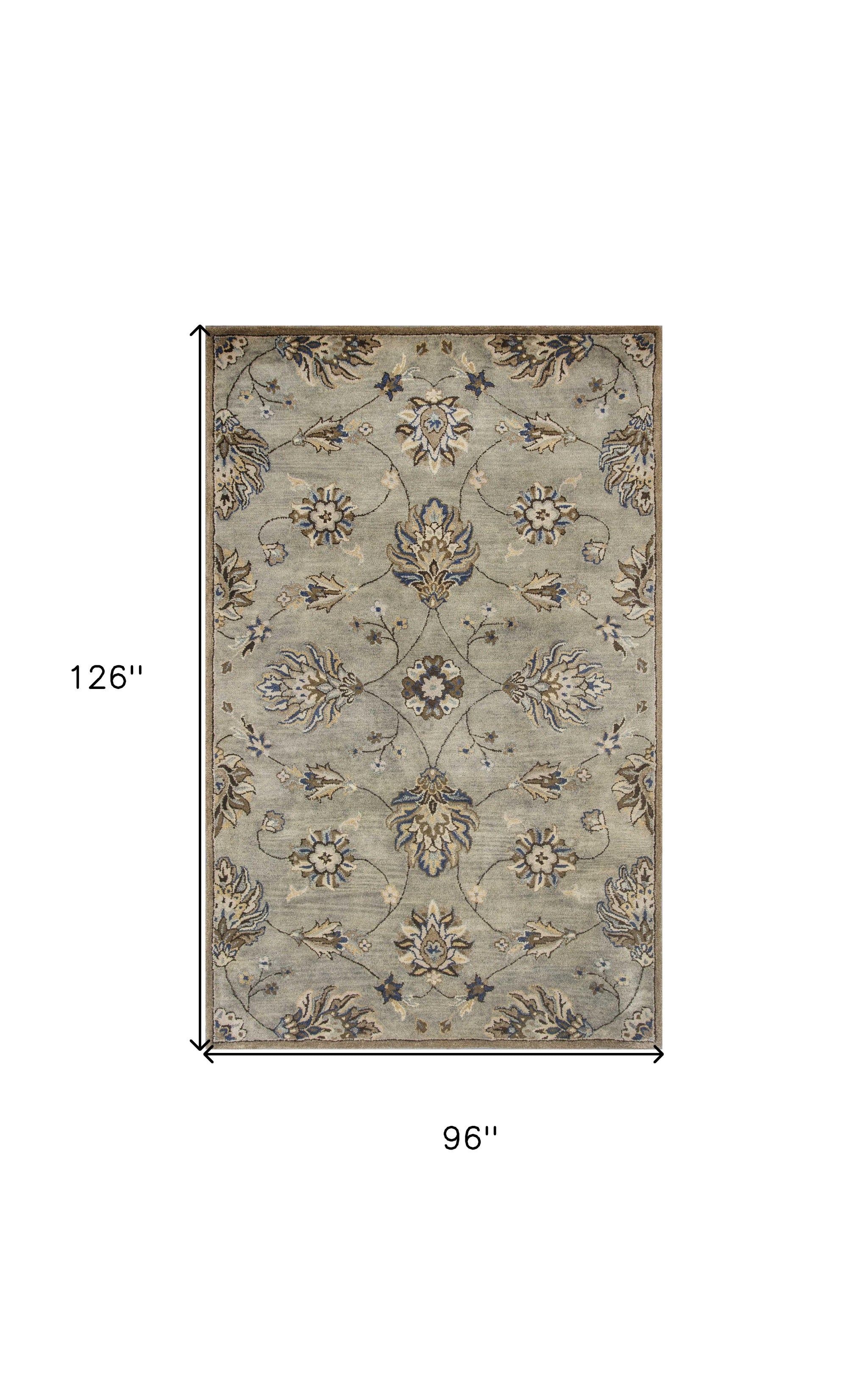 8' X 10' Gray Ivory And Brown Wool Floral Hand Tufted Area Rug-Area Rugs-DECOROLALA