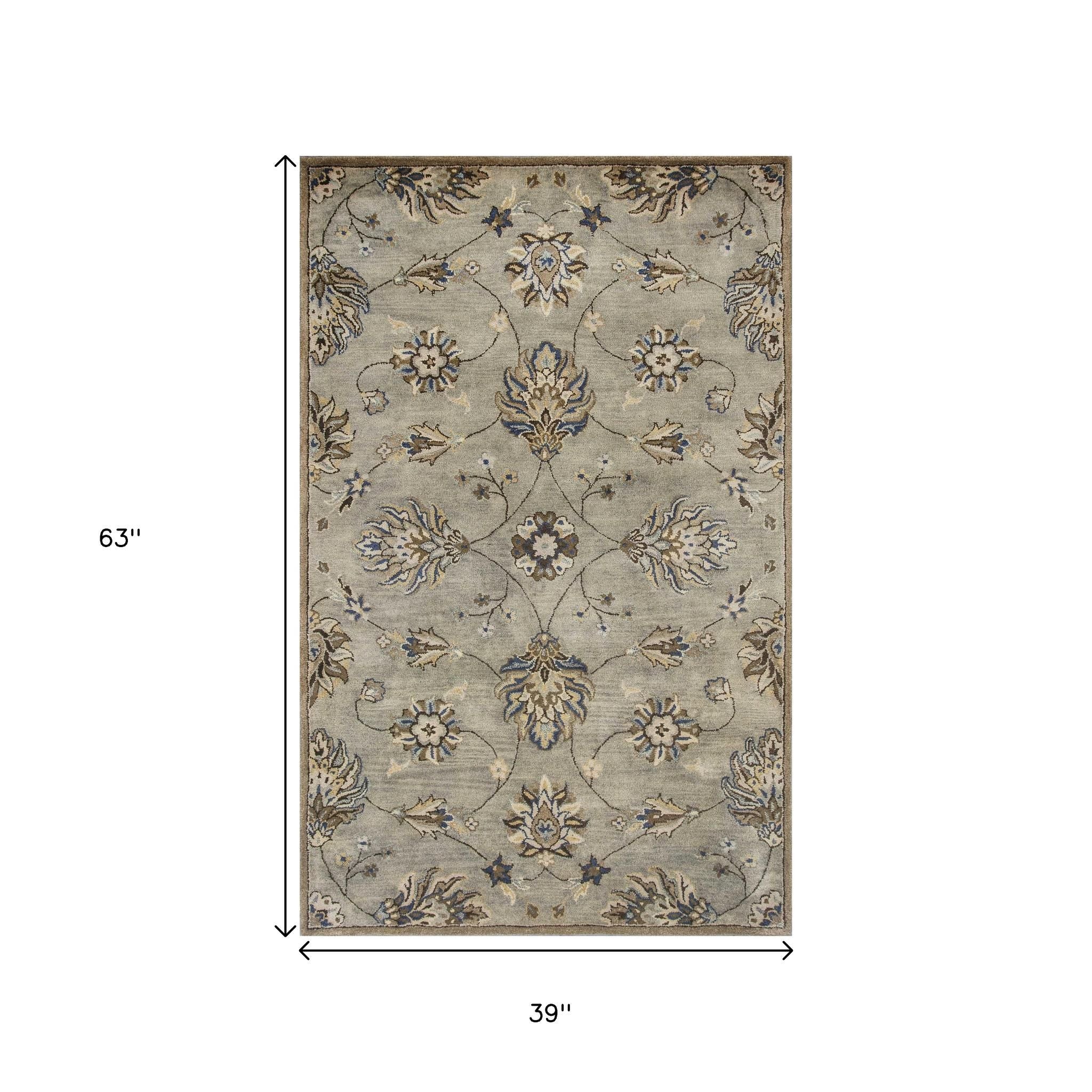 8' X 10' Gray Ivory And Brown Wool Floral Hand Tufted Area Rug-Area Rugs-DECOROLALA