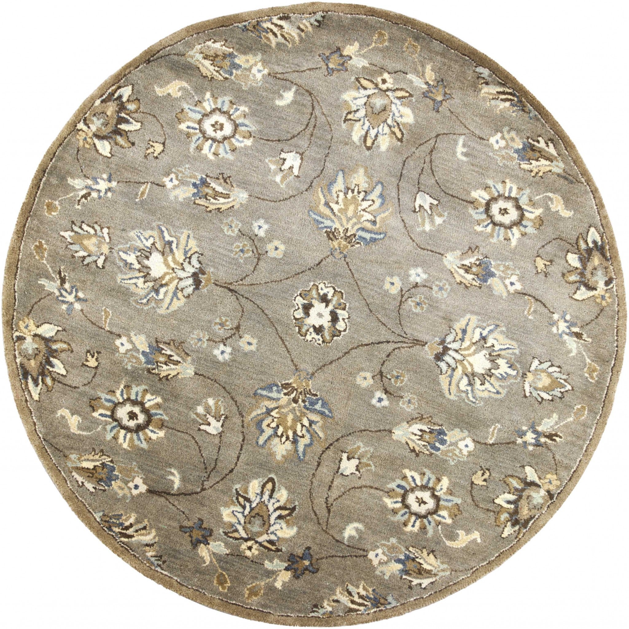 8' X 10' Gray Ivory And Brown Wool Floral Hand Tufted Area Rug-Area Rugs-DECOROLALA