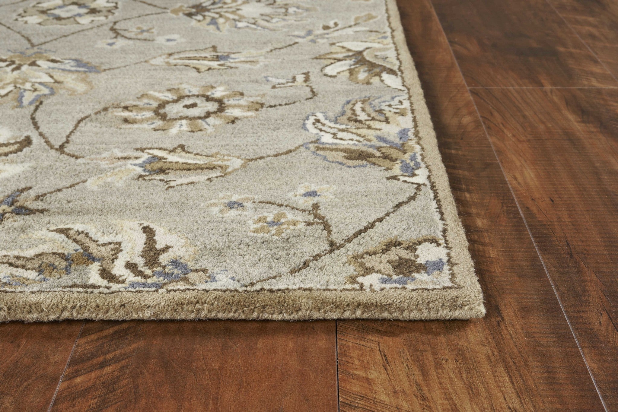 8' X 10' Gray Ivory And Brown Wool Floral Hand Tufted Area Rug-Area Rugs-DECOROLALA