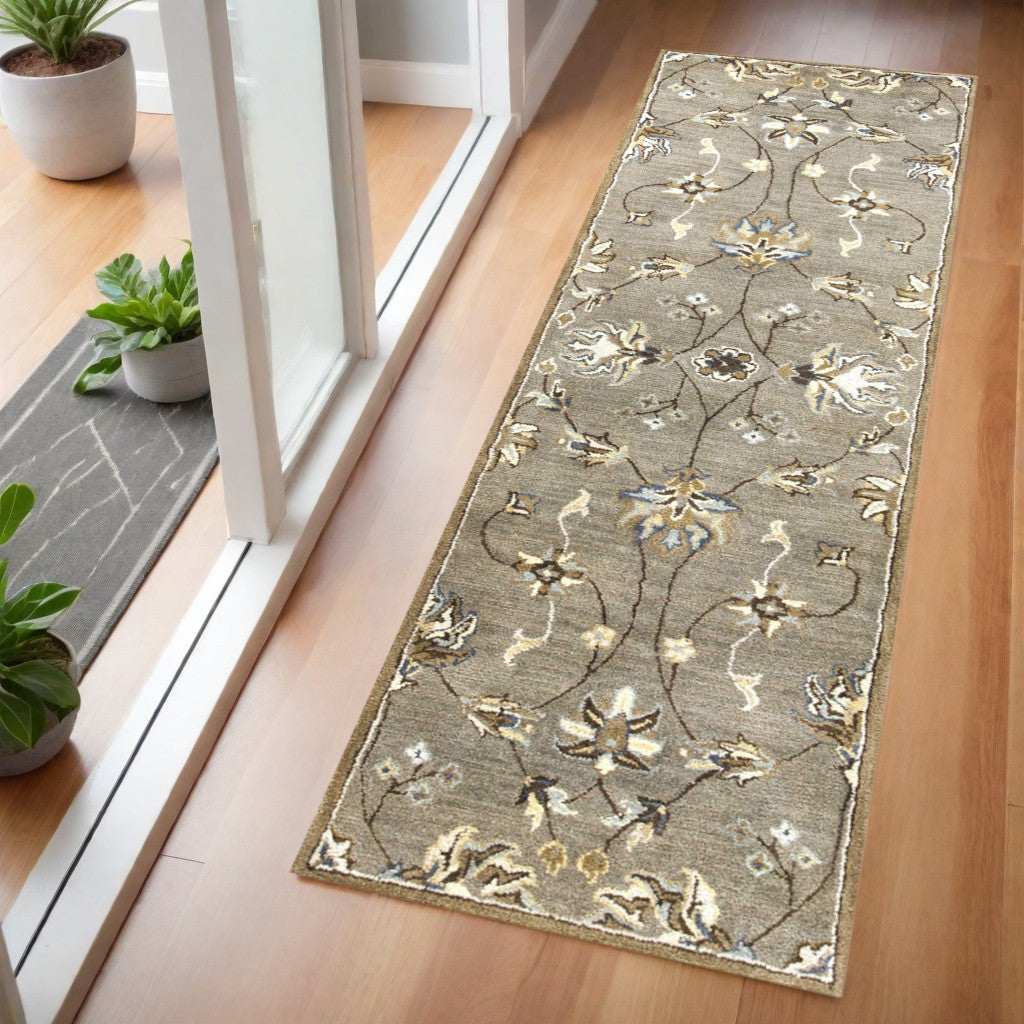 8' X 10' Gray Ivory And Brown Wool Floral Hand Tufted Area Rug-Area Rugs-DECOROLALA