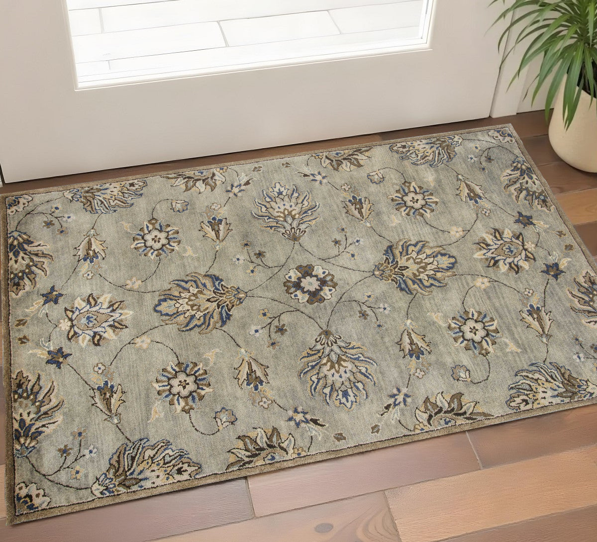 8' X 10' Gray Ivory And Brown Wool Floral Hand Tufted Area Rug-Area Rugs-DECOROLALA