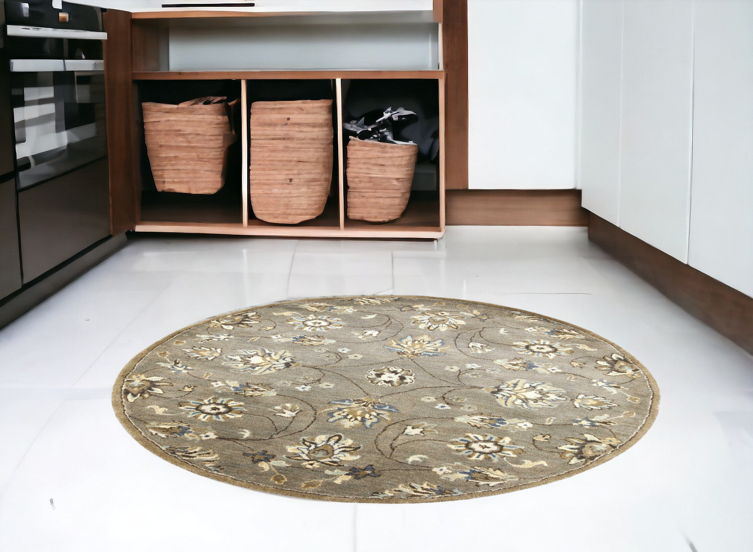 8' X 10' Gray Ivory And Brown Wool Floral Hand Tufted Area Rug-Area Rugs-DECOROLALA