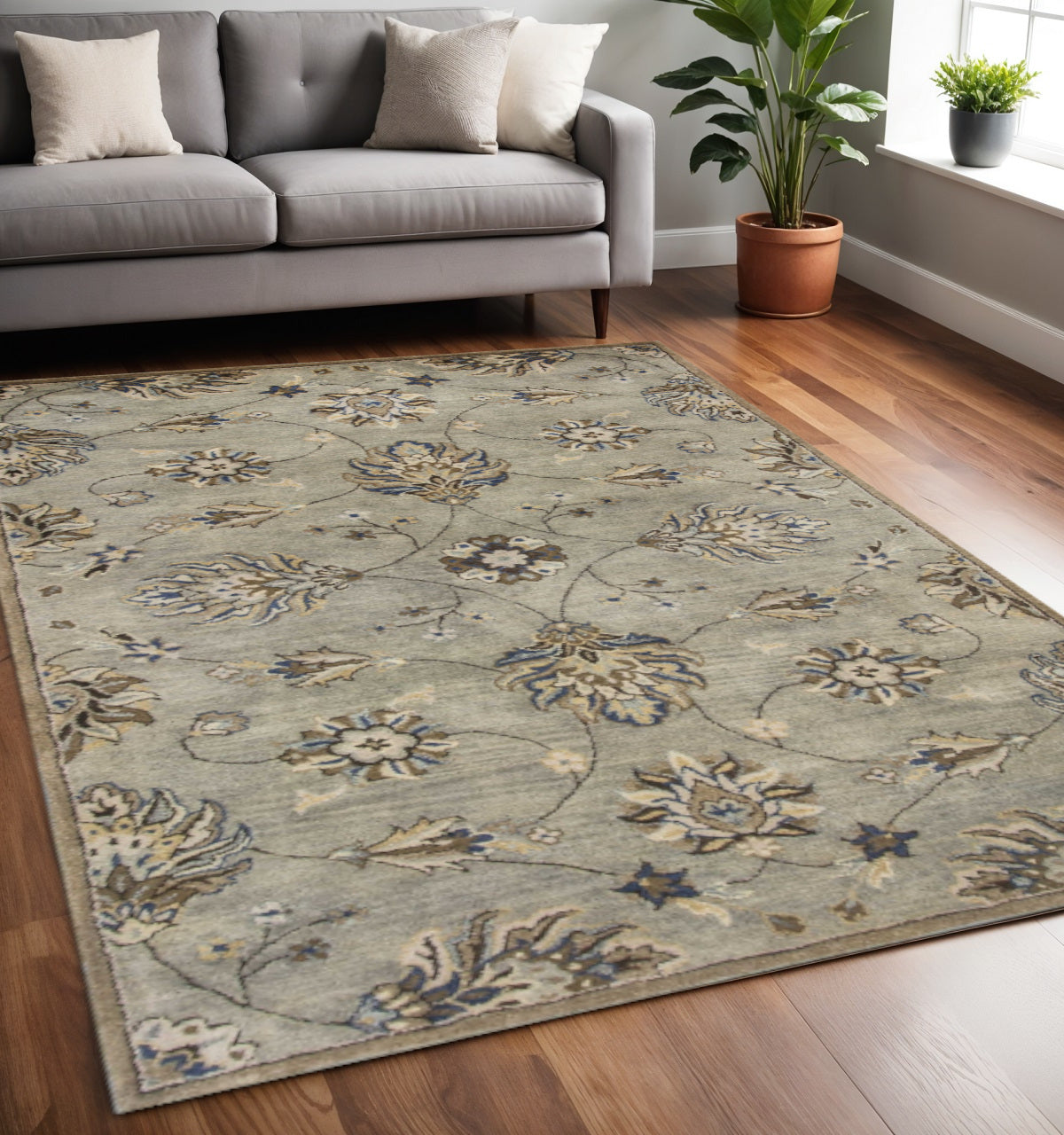8' X 10' Gray Ivory And Brown Wool Floral Hand Tufted Area Rug-Area Rugs-DECOROLALA