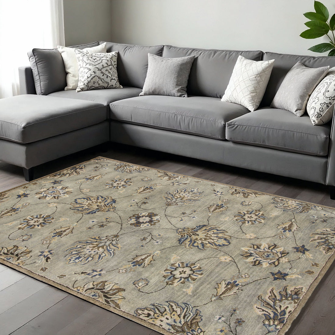 8' X 10' Gray Ivory And Brown Wool Floral Hand Tufted Area Rug-Area Rugs-DECOROLALA