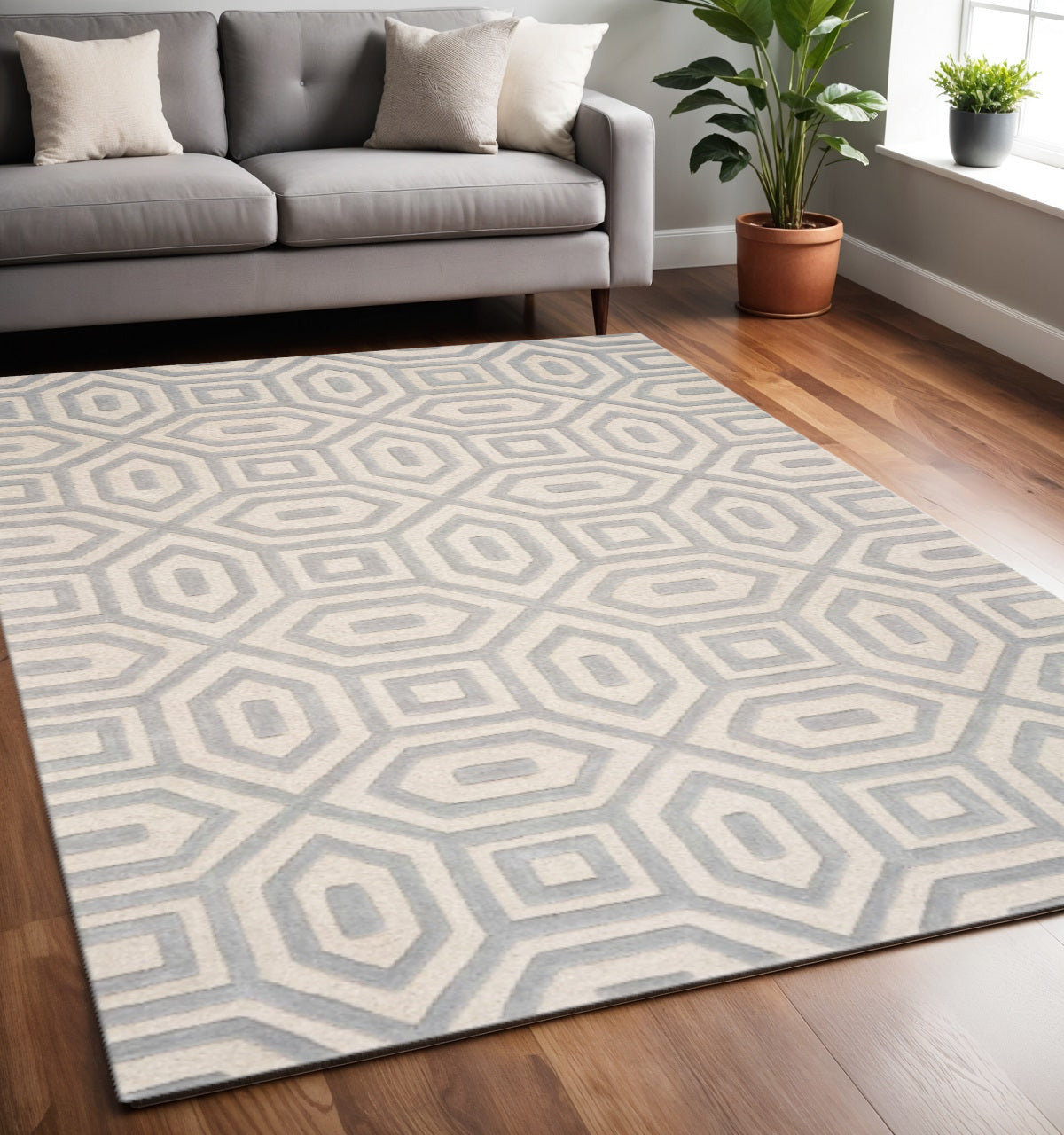 8' X 10' Gray Wool Geometric Hand Tufted Area Rug-Area Rugs-DECOROLALA