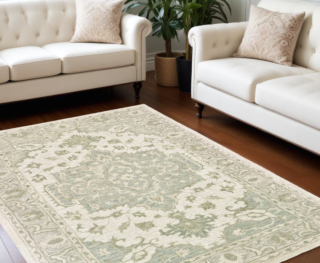 8' X 10' Green and Cream Medallion Area Rug-Area Rugs-DECOROLALA