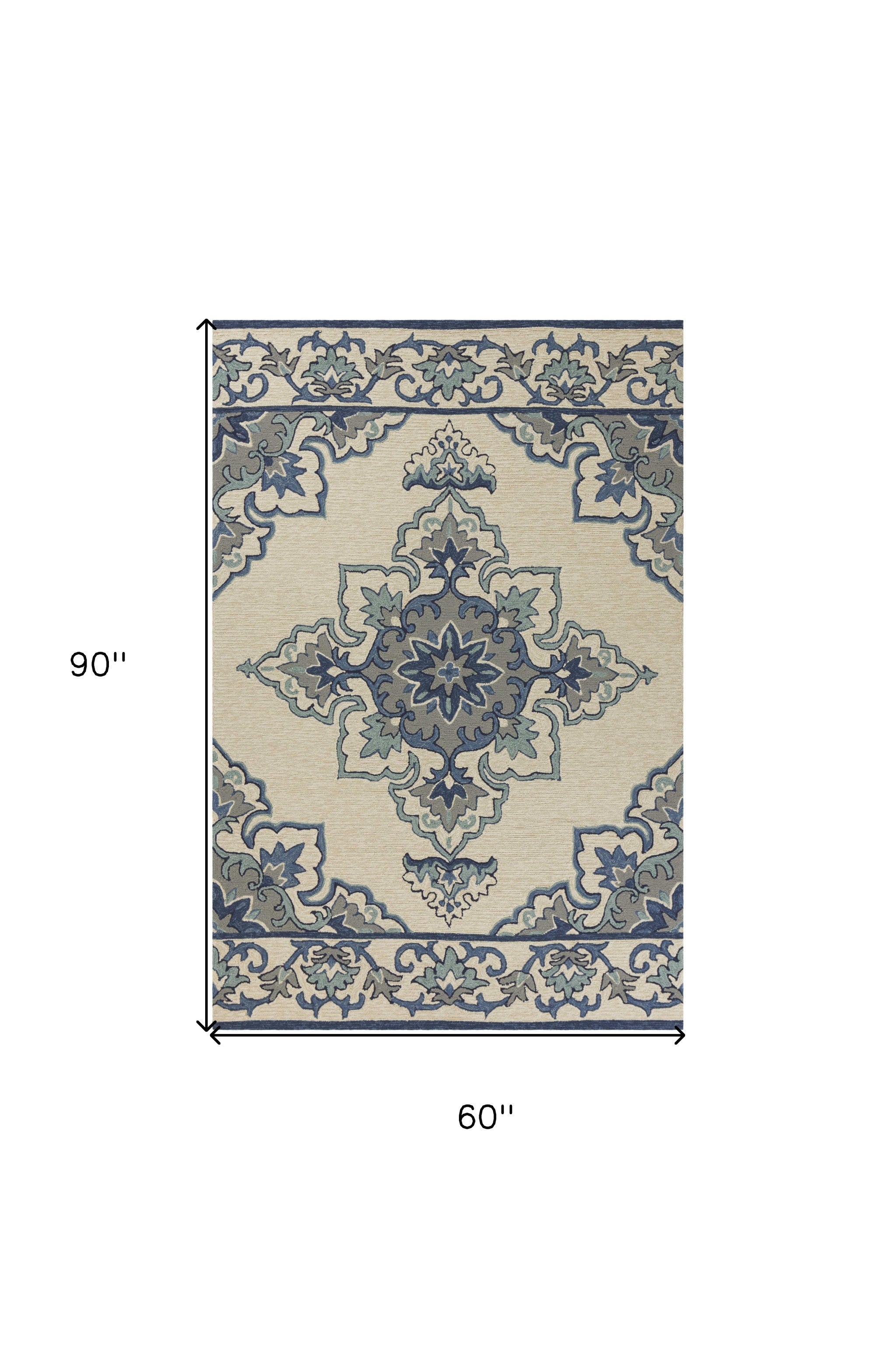 8' X 10' Ivory And Blue Damask Indoor Outdoor Area Rug-Outdoor Rugs-DECOROLALA
