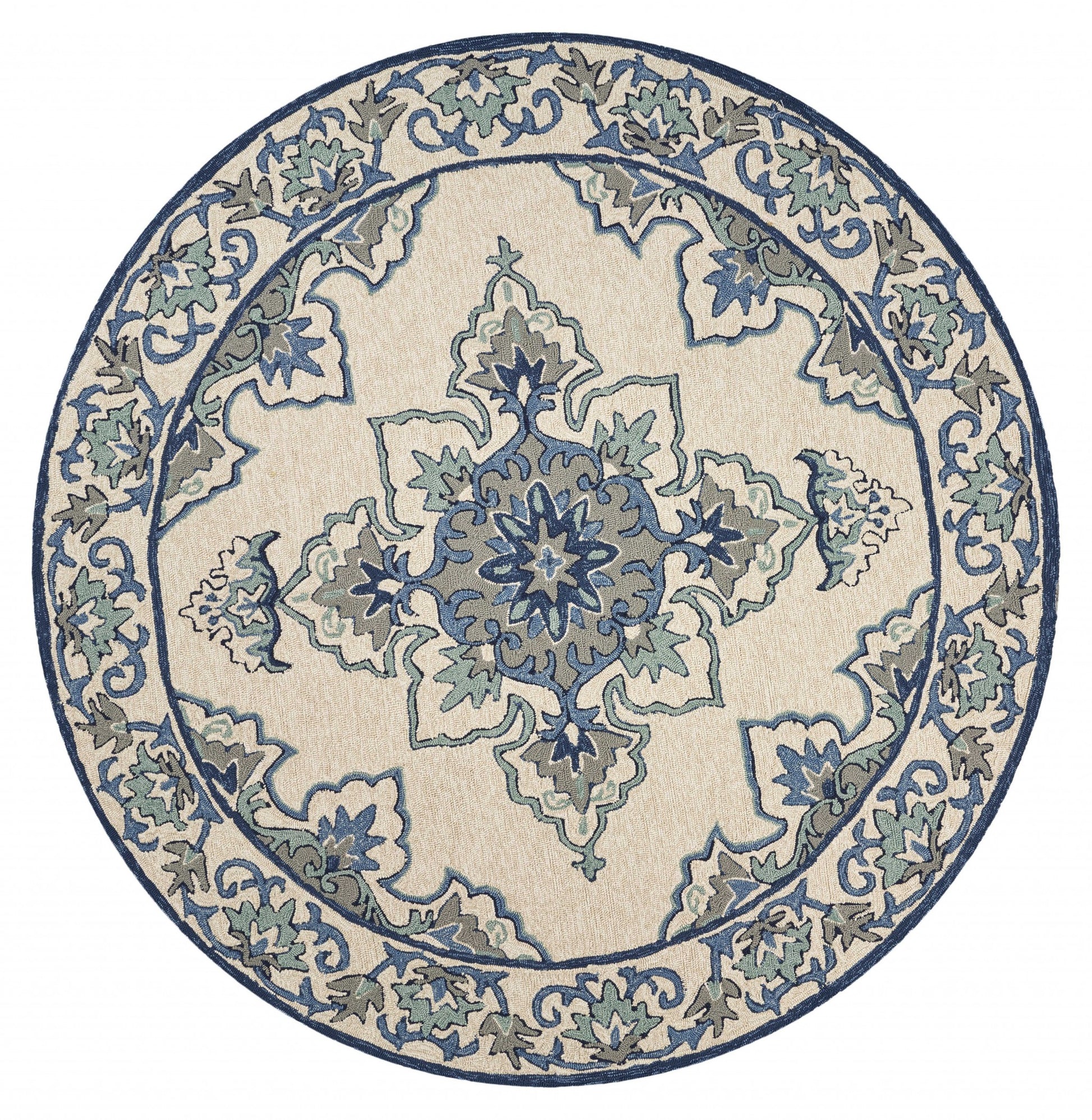 8' X 10' Ivory And Blue Damask Indoor Outdoor Area Rug-Outdoor Rugs-DECOROLALA