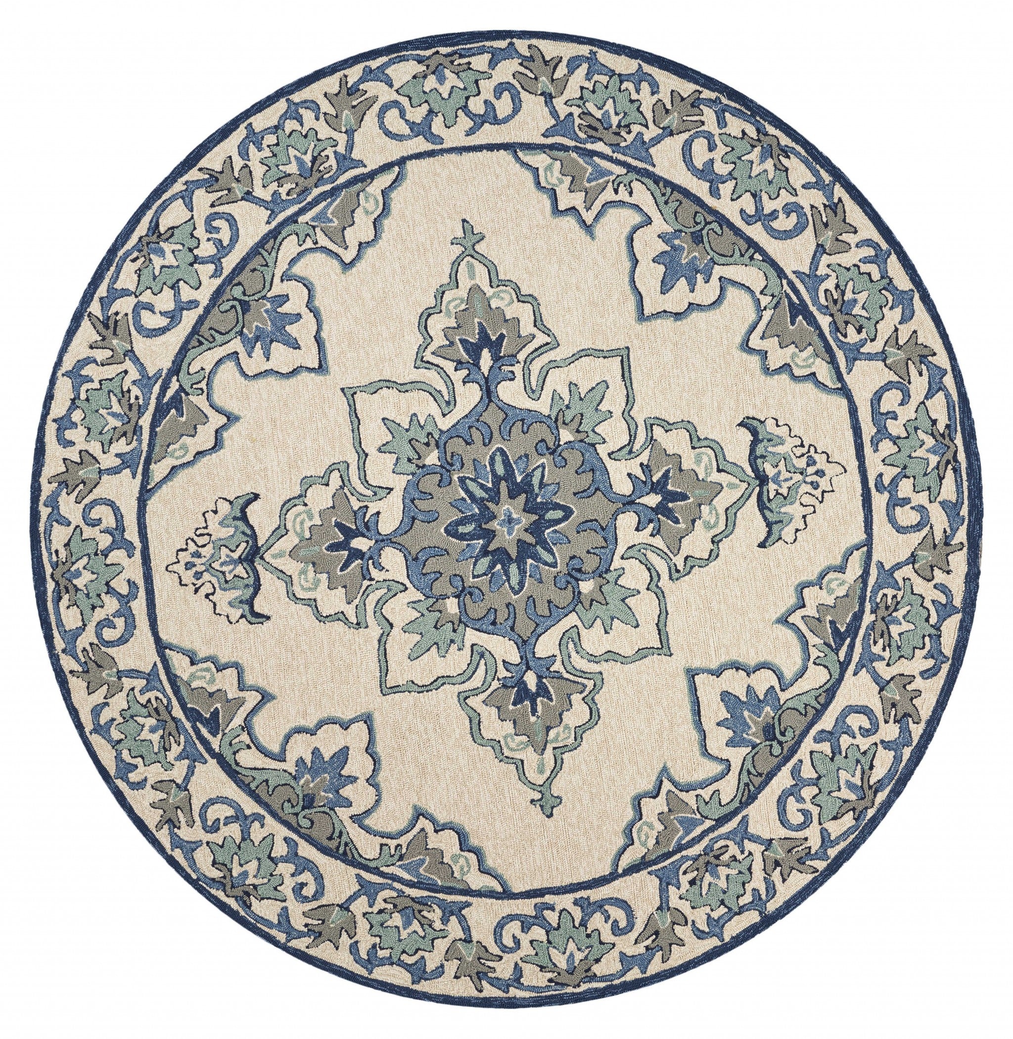8' X 10' Ivory And Blue Damask Indoor Outdoor Area Rug-Outdoor Rugs-DECOROLALA