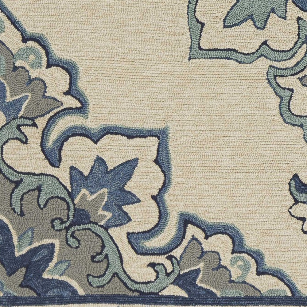 8' X 10' Ivory And Blue Damask Indoor Outdoor Area Rug-Outdoor Rugs-DECOROLALA