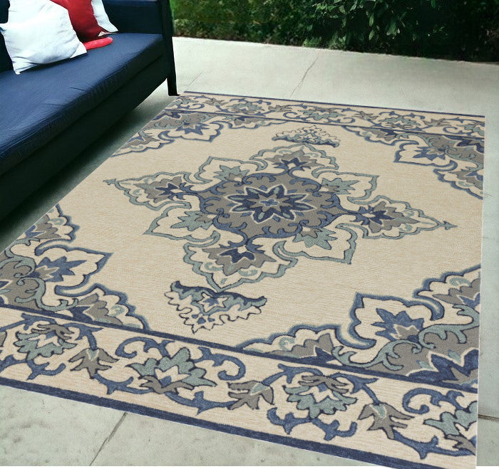 8' X 10' Ivory And Blue Damask Indoor Outdoor Area Rug-Outdoor Rugs-DECOROLALA