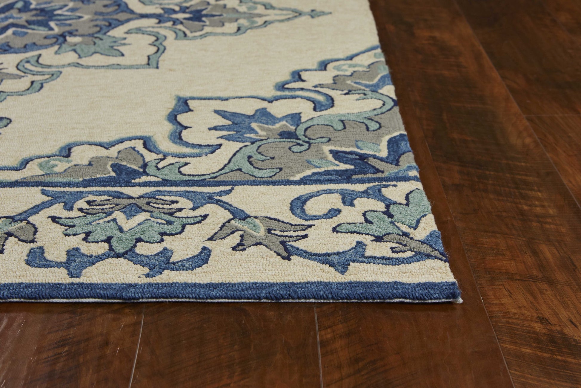 8' X 10' Ivory And Blue Damask Indoor Outdoor Area Rug-Outdoor Rugs-DECOROLALA