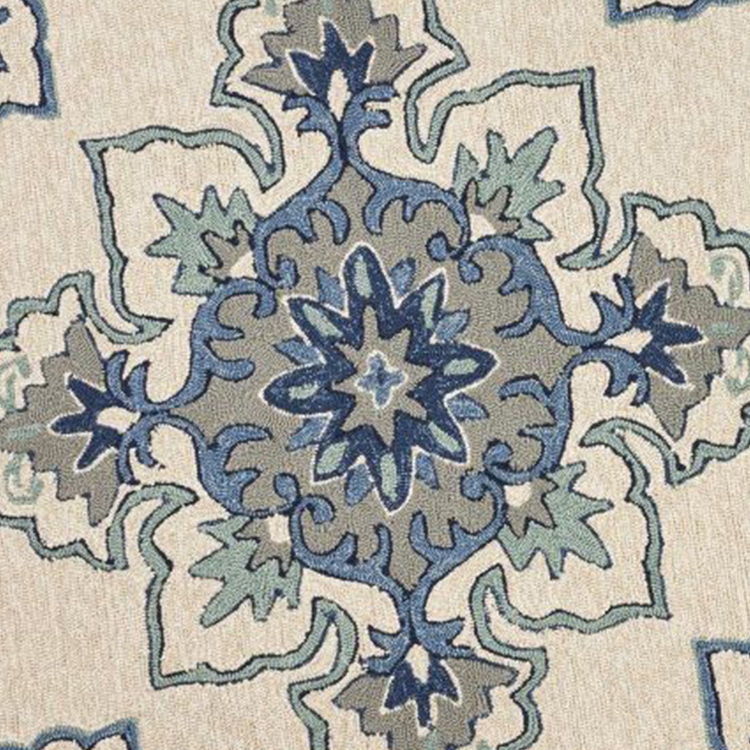 8' X 10' Ivory And Blue Damask Indoor Outdoor Area Rug-Outdoor Rugs-DECOROLALA