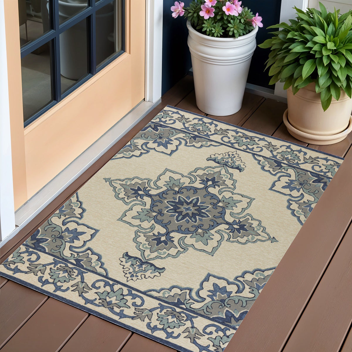 8' X 10' Ivory And Blue Damask Indoor Outdoor Area Rug-Outdoor Rugs-DECOROLALA