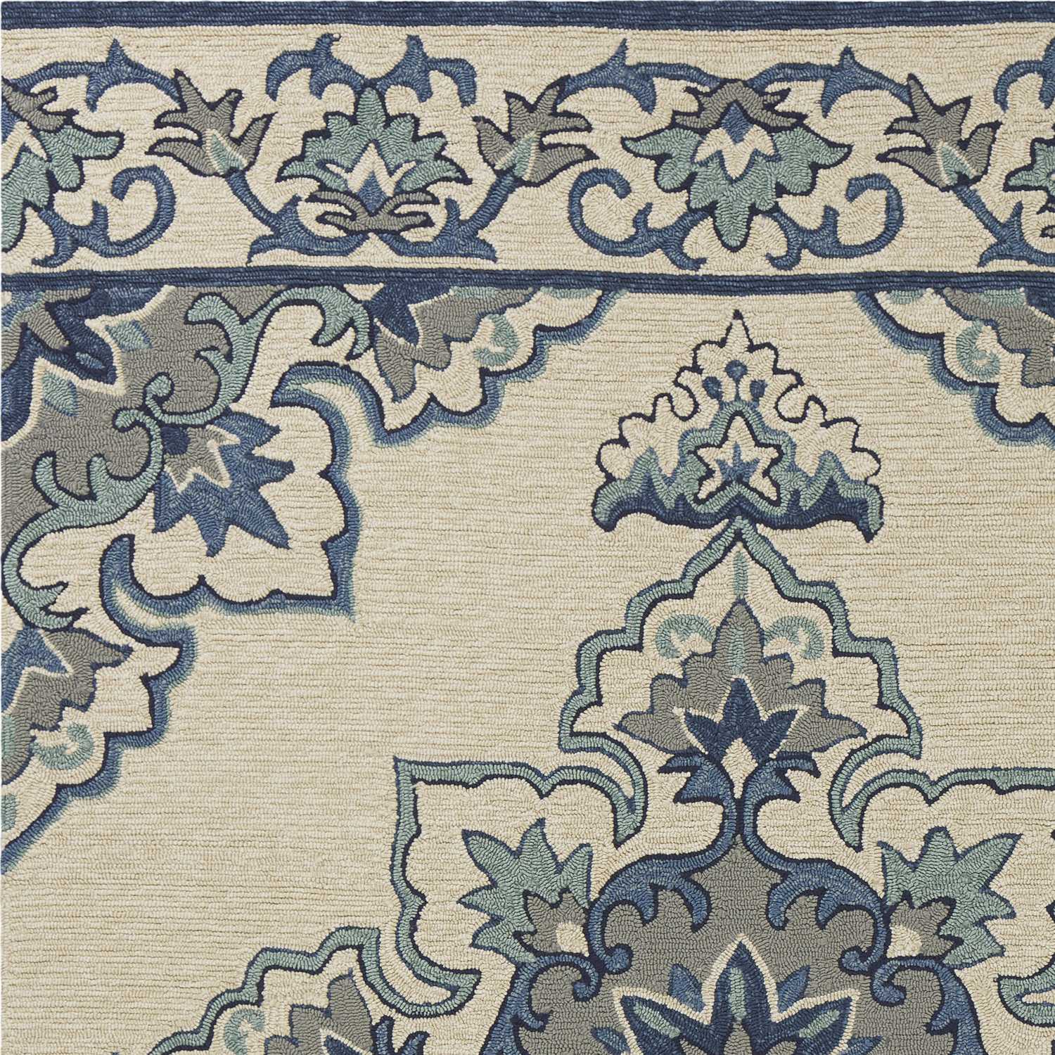 8' X 10' Ivory And Blue Damask Indoor Outdoor Area Rug-Outdoor Rugs-DECOROLALA