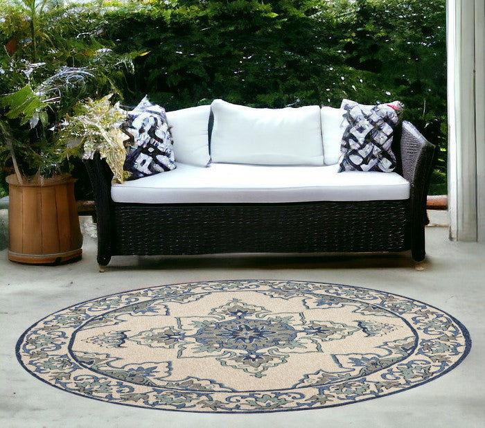 8' X 10' Ivory And Blue Damask Indoor Outdoor Area Rug-Outdoor Rugs-DECOROLALA