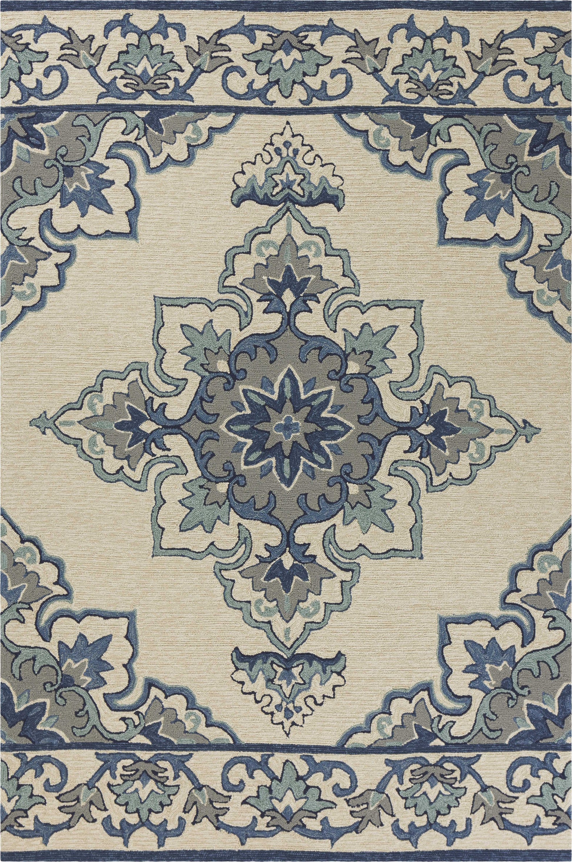 8' X 10' Ivory And Blue Damask Indoor Outdoor Area Rug-Outdoor Rugs-DECOROLALA