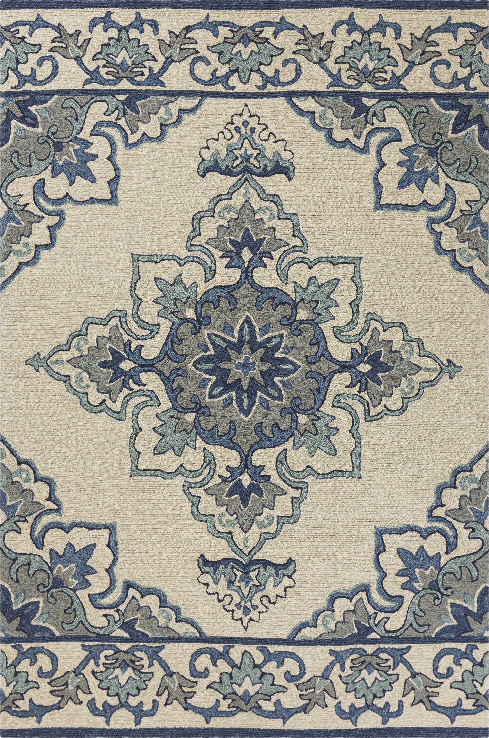 8' X 10' Ivory And Blue Damask Indoor Outdoor Area Rug-Outdoor Rugs-DECOROLALA