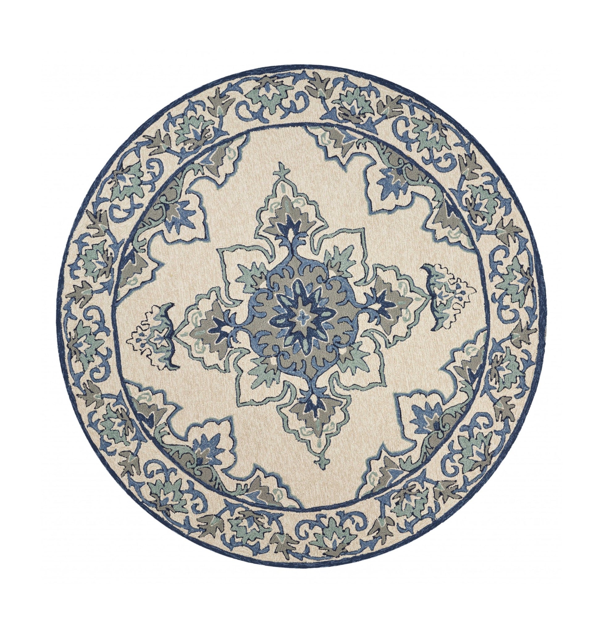 8' X 10' Ivory And Blue Damask Indoor Outdoor Area Rug-Outdoor Rugs-DECOROLALA
