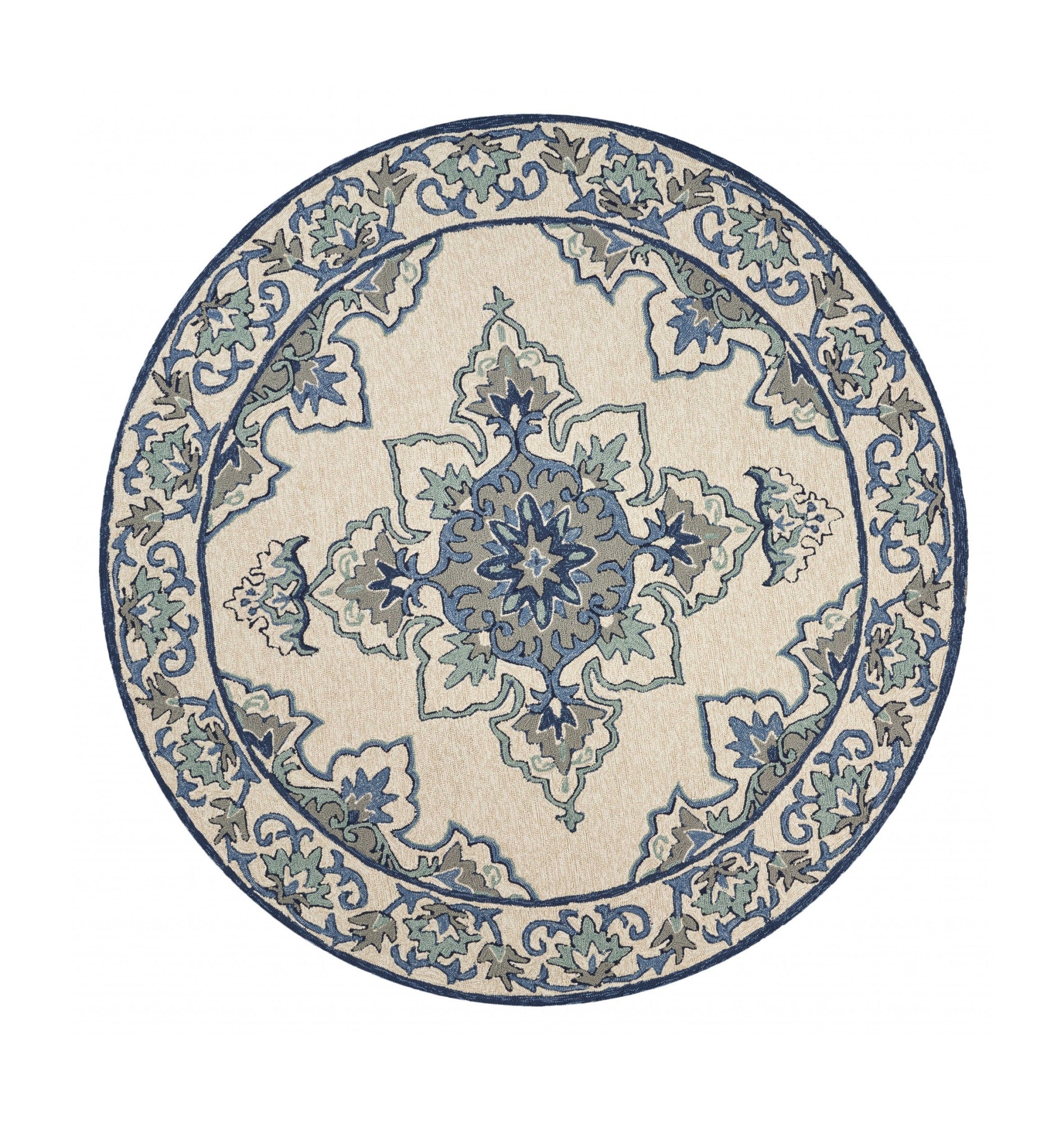 8' X 10' Ivory And Blue Damask Indoor Outdoor Area Rug-Outdoor Rugs-DECOROLALA