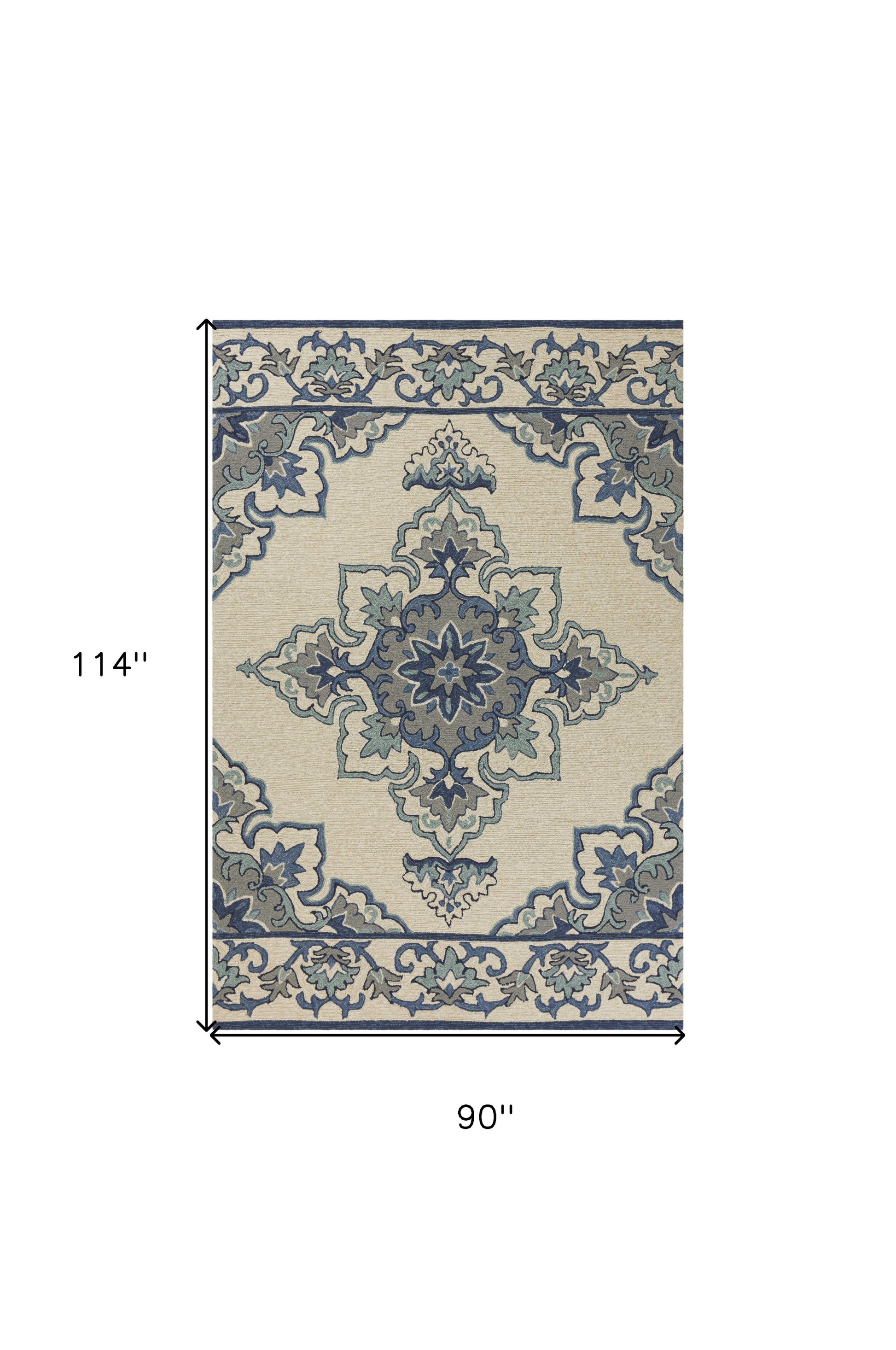 8' X 10' Ivory And Blue Damask Indoor Outdoor Area Rug-Outdoor Rugs-DECOROLALA