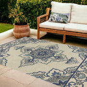 8' X 10' Ivory And Blue Damask Indoor Outdoor Area Rug-Outdoor Rugs-DECOROLALA