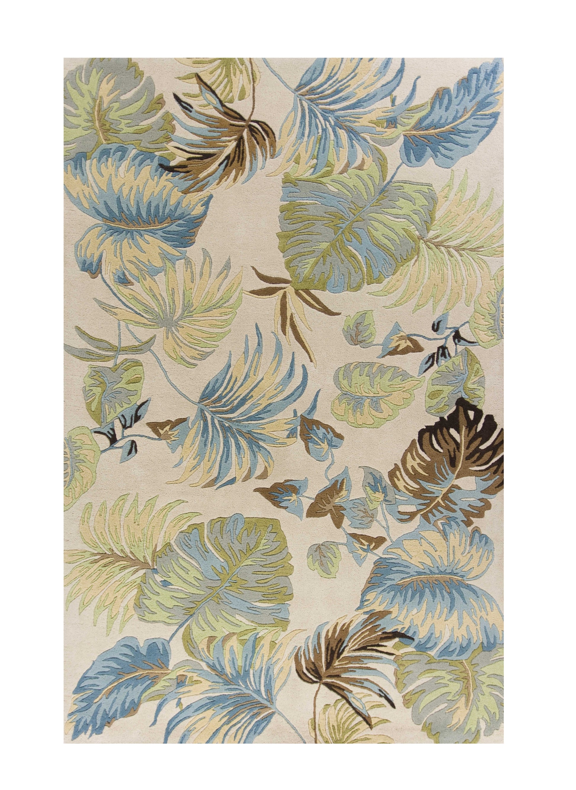 8' X 10' Ivory And Blue Wool Botanical Leaves Hand Tufted Area Rug-Area Rugs-DECOROLALA