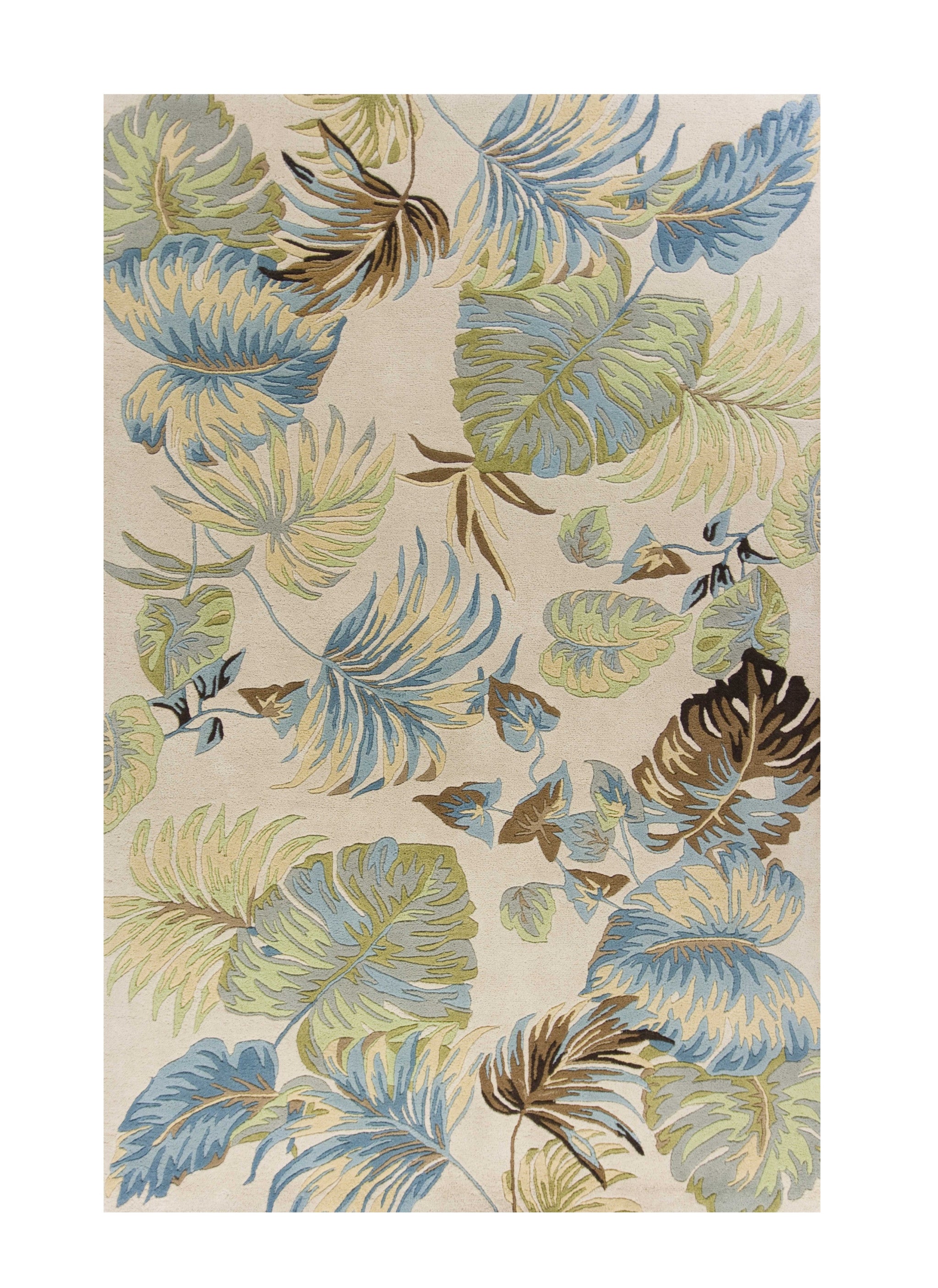 8' X 10' Ivory And Blue Wool Botanical Leaves Hand Tufted Area Rug-Area Rugs-DECOROLALA