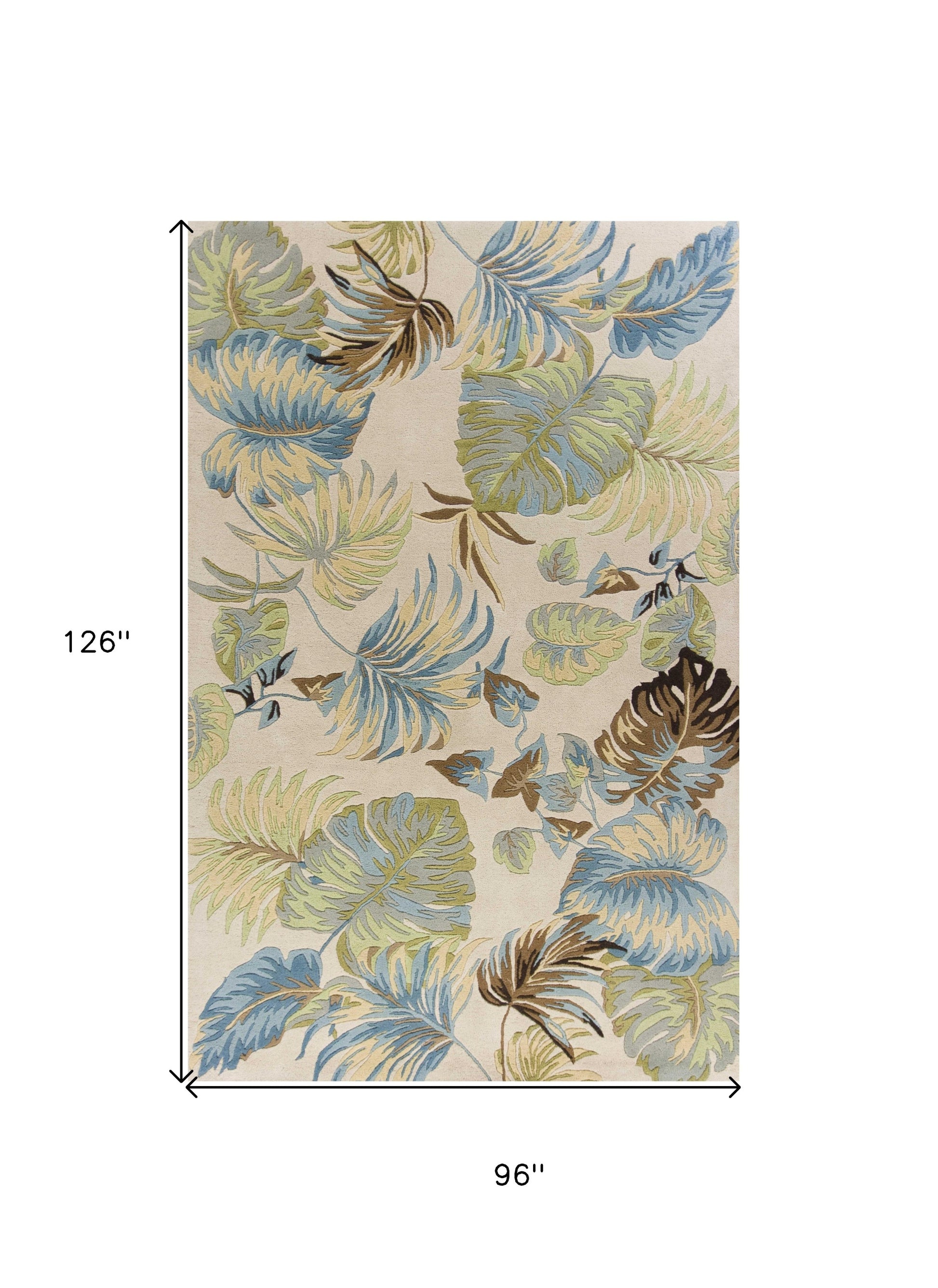 8' X 10' Ivory And Blue Wool Botanical Leaves Hand Tufted Area Rug-Area Rugs-DECOROLALA
