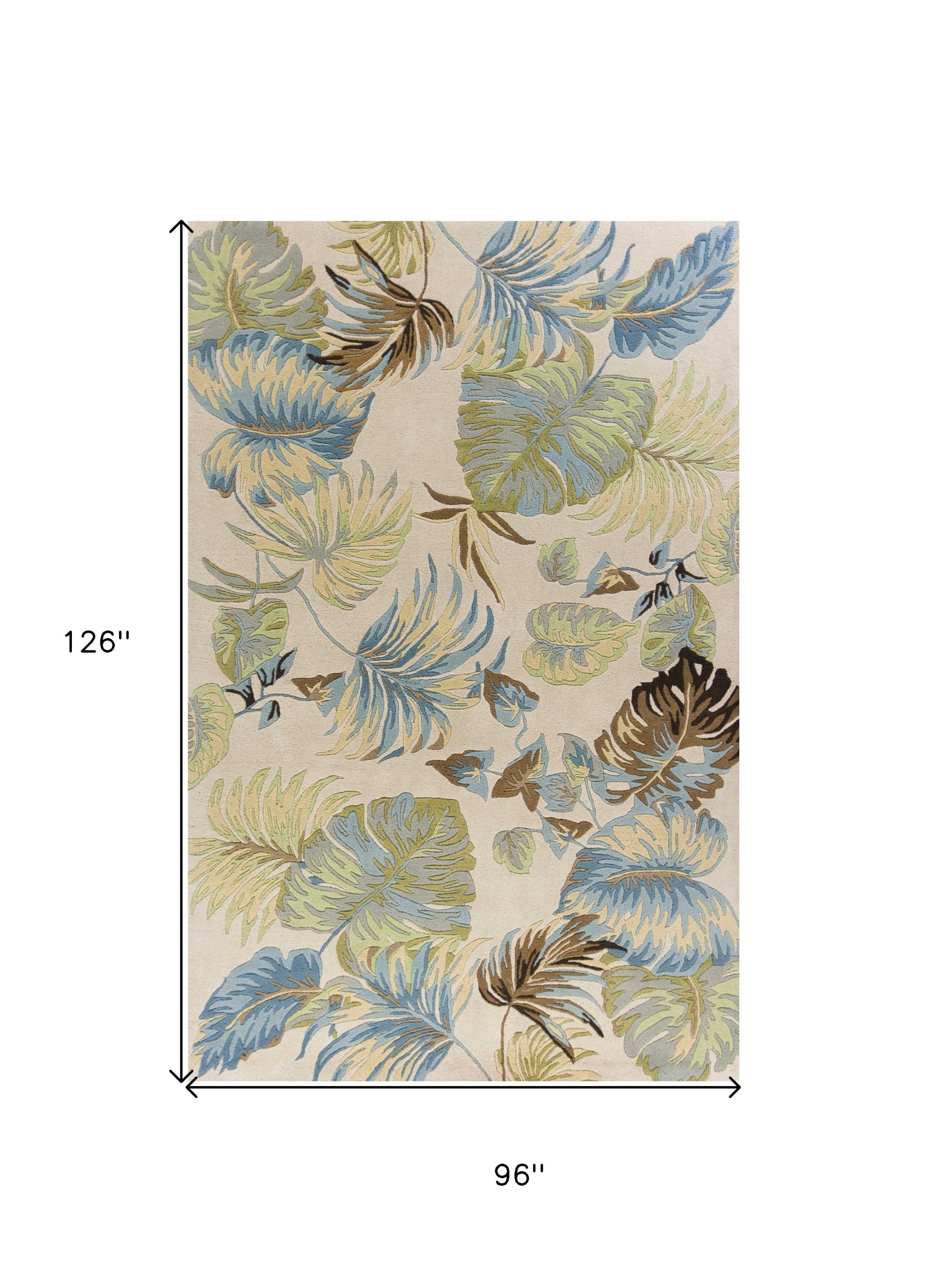8' X 10' Ivory And Blue Wool Botanical Leaves Hand Tufted Area Rug-Area Rugs-DECOROLALA