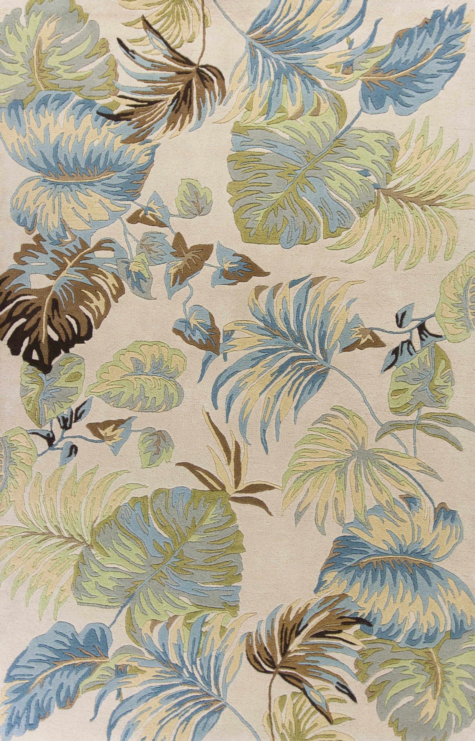8' X 10' Ivory And Blue Wool Botanical Leaves Hand Tufted Area Rug-Area Rugs-DECOROLALA