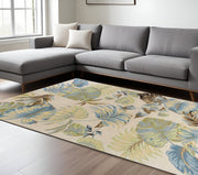 8' X 10' Ivory And Blue Wool Botanical Leaves Hand Tufted Area Rug-Area Rugs-DECOROLALA