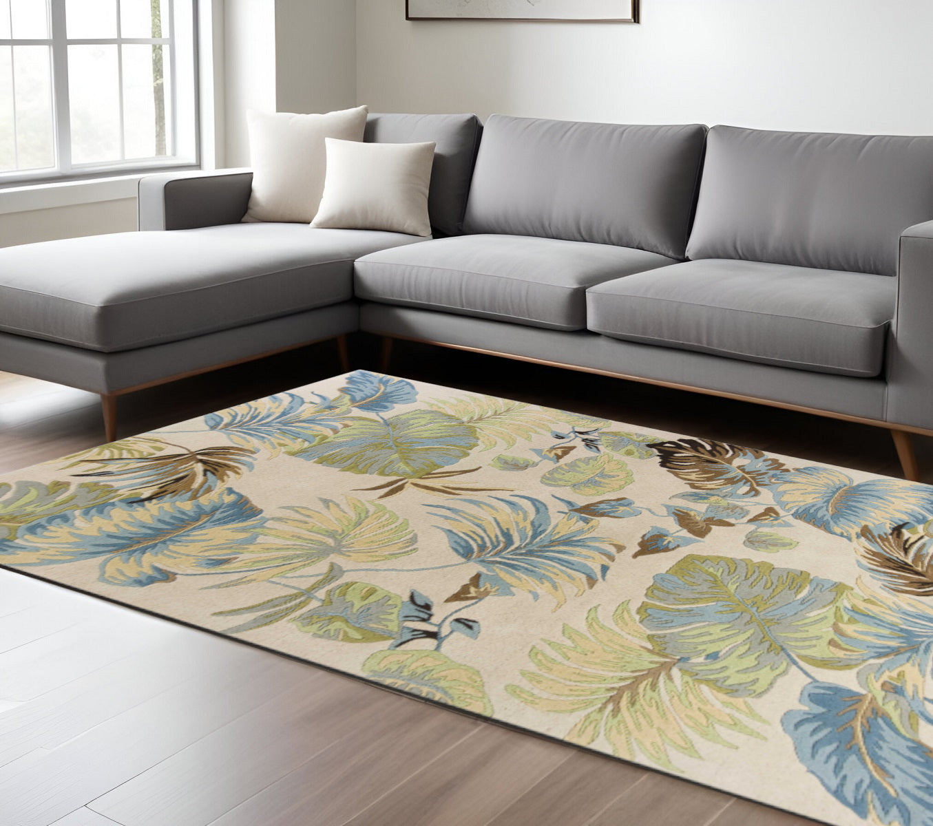 8' X 10' Ivory And Blue Wool Botanical Leaves Hand Tufted Area Rug-Area Rugs-DECOROLALA