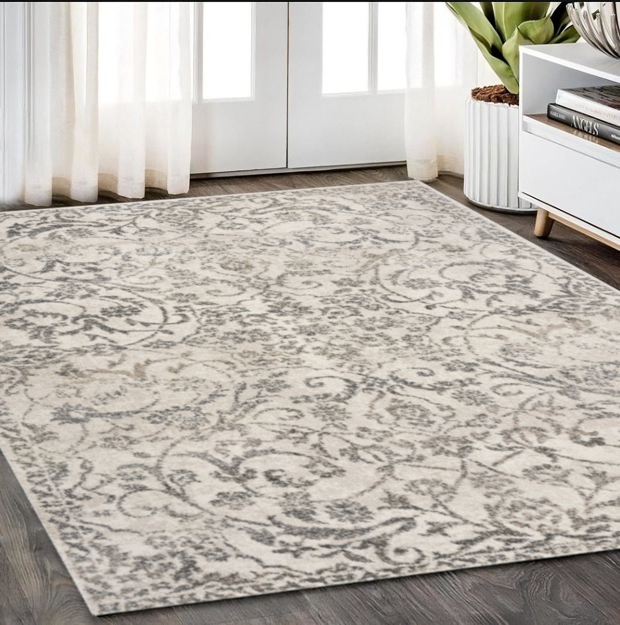 8' X 10' Ivory And Brown Floral Medallion Distressed Area Rug-Area Rugs-DECOROLALA
