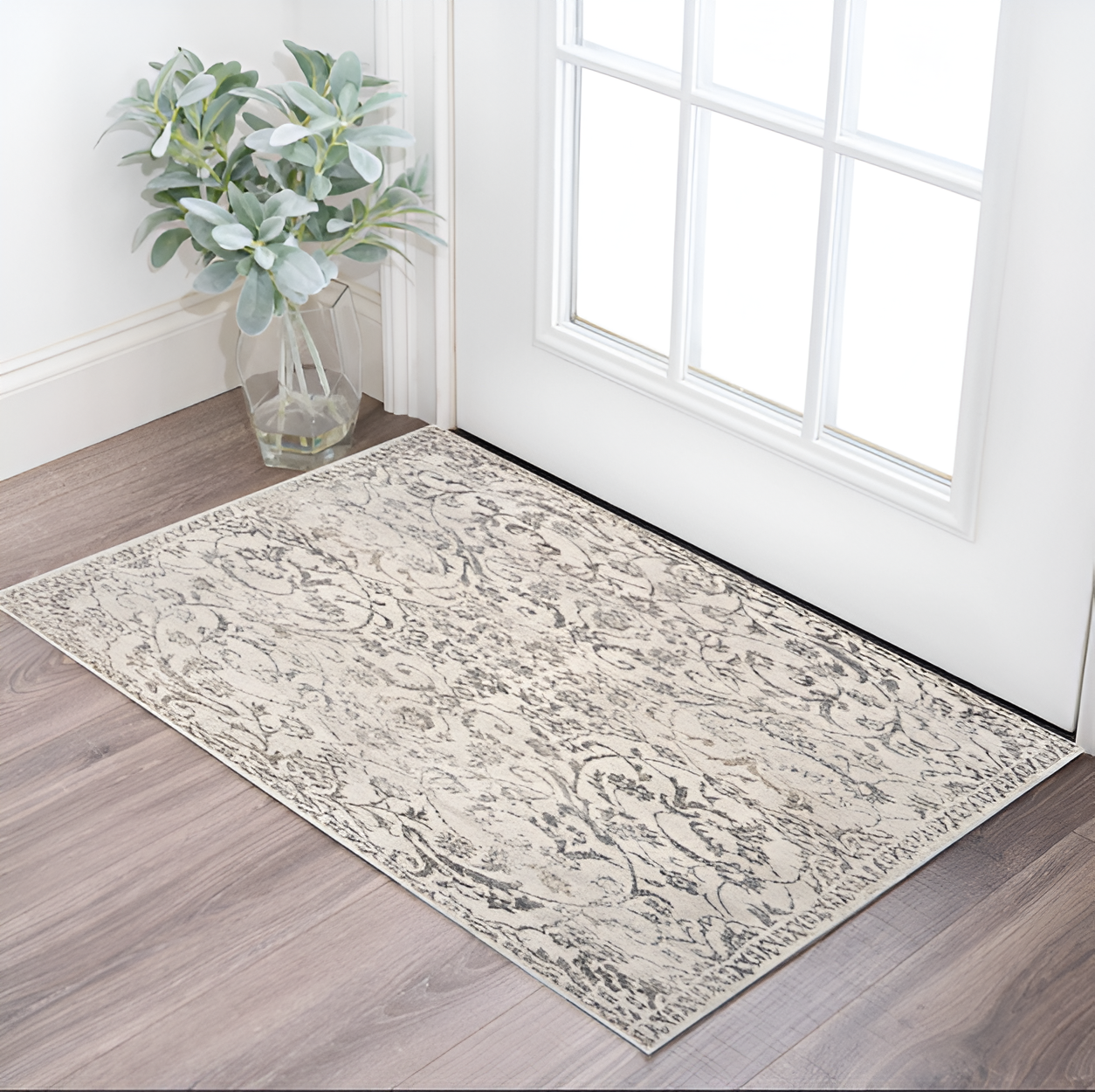 8' X 10' Ivory And Brown Floral Medallion Distressed Area Rug-Area Rugs-DECOROLALA