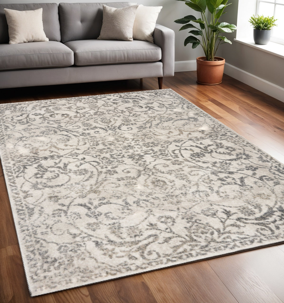 8' X 10' Ivory And Brown Floral Medallion Distressed Area Rug-Area Rugs-DECOROLALA