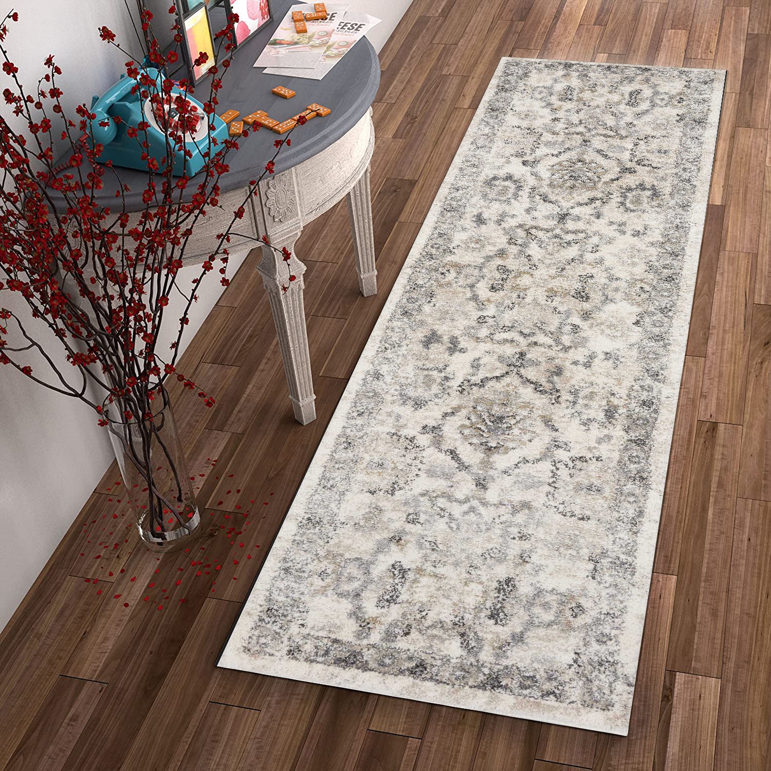 8' X 10' Ivory And Gray Floral Medallion Area Rug-Area Rugs-DECOROLALA