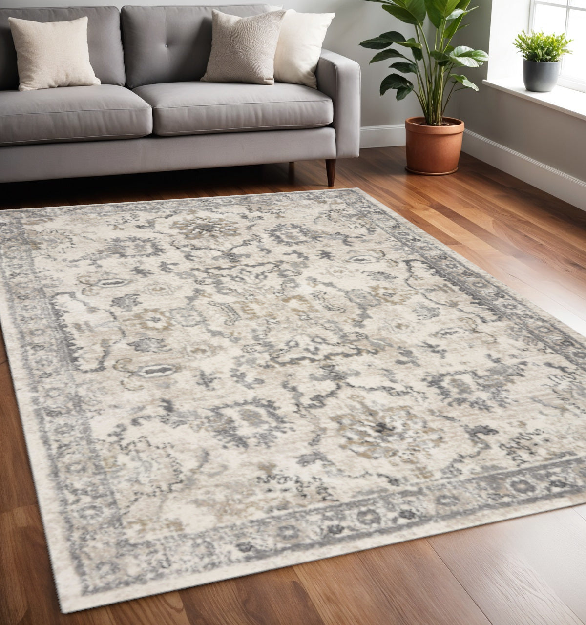 8' X 10' Ivory And Gray Floral Medallion Area Rug-Area Rugs-DECOROLALA