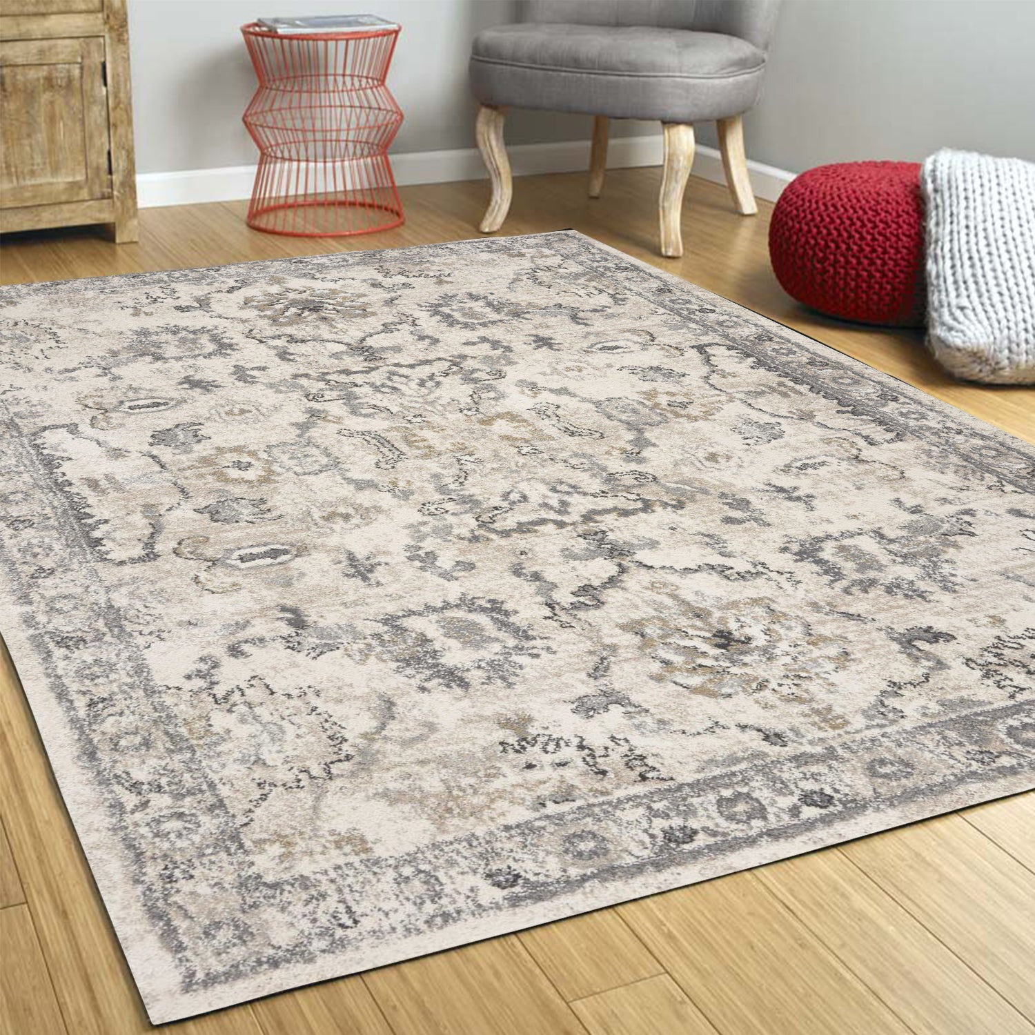 8' X 10' Ivory And Gray Floral Medallion Area Rug-Area Rugs-DECOROLALA